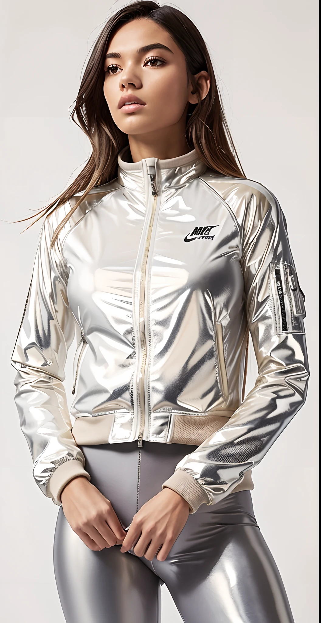 Uma mulher com uma jaqueta branca e leggings cinzas posa para uma foto, suit jacket, jaqueta esportiva, white jacket, jaqueta curta, translucent body, desgaste sutil - e - rasgo, corpo transparente, INSPO, Metal Refletivo, jaqueta sobre tronco nu, skin reflective metallic, Fato de ciclismo Nike, Reflective metal, encapuzado, roupas esportivas, jaqueta bomber, roupas esportivas, wearing jacket