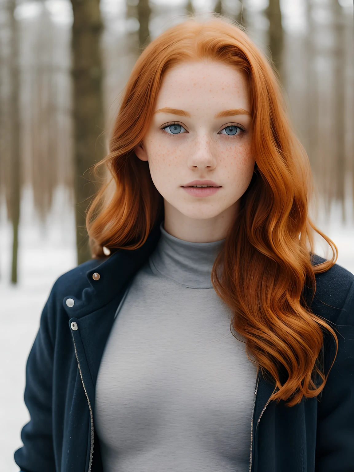 (1girl in, 19, Solo, Aesthetic artwork, irish redhead, wavy ginger hair, shoulder length ginger hair, light grey eyes, some small freckles, pale skin, A-cup, small breasts, runners body, (textured skin, skin pores:1.1), (moles:0.8), imperfect skin, goosebumps, wearing dark gray jacket, wearing navy blue leggings, empty trees, early winter, no snow, mountains, blury background, (back to camera, looking away: 1.25), (extremely detailed 8k wallpaper), (hard lighting), high quality, film grain, Fujifilm XT3 sharp focus, f 5.6, 50mm, High Detail, Sharp focus, (natural light), crazy details, complex details, hyperdetailed