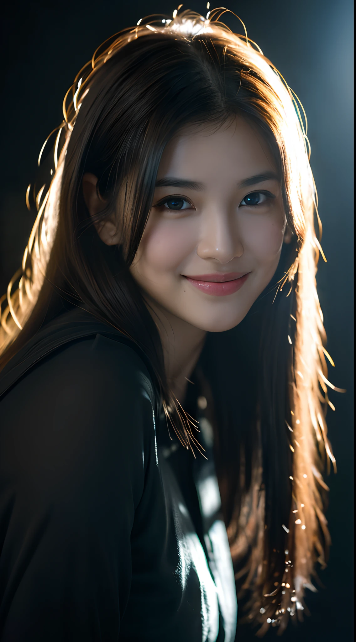 highest quality, epic realistic, ((in the pitch black darkness :1.4)), ((portrait:1.5)),(background: dark ) high contrast ,glorious picture, lowest lux, lighting face, she's comfortable, dark plain shirt, looks incredible, (8k, Raw photo, Highest quality),(epic realistic:1.5), a woman, face,(detailed eyes:0.8),(looking at the camera:1.4), (Highest quality), ( high contrast, deep shadows),Intricate details,cinematic,((skin:1.4)), (long dark hair:1.3), long hair, messy ,(Hdr:1.5),Detailed, colors, Superior quality, ( starry sky: 1.4), Masterpiece, Raw Photo (20-year-old, looking at viewer), beautiful, (wearing dark shirt,), perfect, natural, perfect composition, portrait, perfect face, smiling expression, Captivating eyes, Bright details, Tight lips, (High Skin Detail),, (blue tint: 0.6), (sale: 0.8), (bloody: 0.7), Key lighting , (backlight: 0.5), Medium depth of field, Canon 5d, 50mm lens, f/4 apertures, (Ultra-detailed, Complex detail), sharp focus, soft colors, 8k, Absurd, 80mm, dark background, photography, smiling, pinay, filipina, medium tits