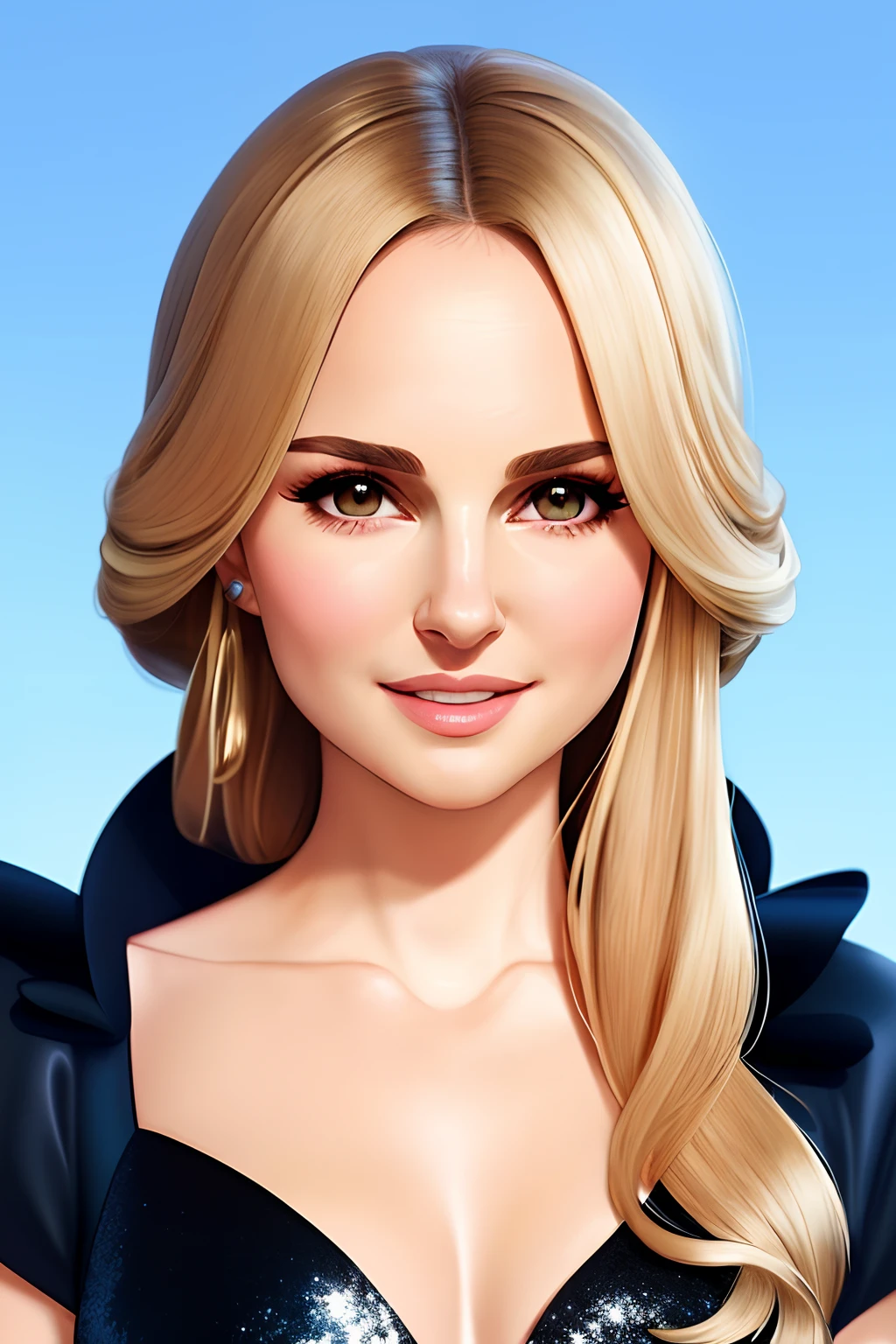 flat vector art, ABBA singer,cute woman,beautiful anime style woman,Natalie Portman,brown eyes,smiling,Blonde hair,,flat colors,cute head,wide angle, clean detailed faces, intracate clothing, analogous colors, glowing shadows, beautiful gradient, depth of field, clean image, high quality, high detail, high definition, Luminous Studio graphics engine,leonardo.ai style