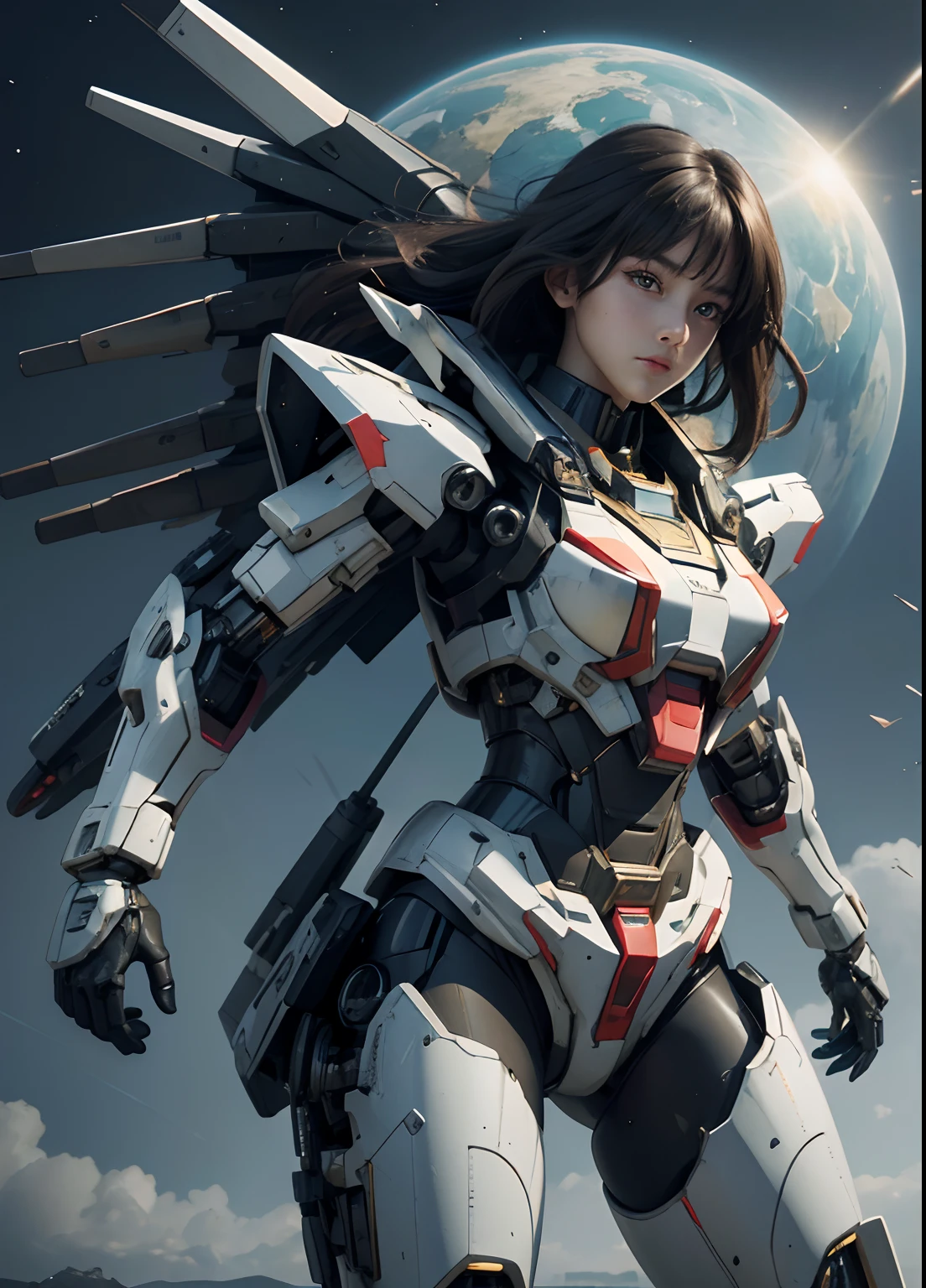 Textured skin, Super Detail, high details, High quality, Best Quality, hight resolution, 1080p, hard disk, Beautiful,(Gundam),beautiful cyborg woman,Mecha Cyborg Girl,Battle Mode,Girl with a Mecha Body,She wears a futuristic Gundam mecha,Fulll body Shot