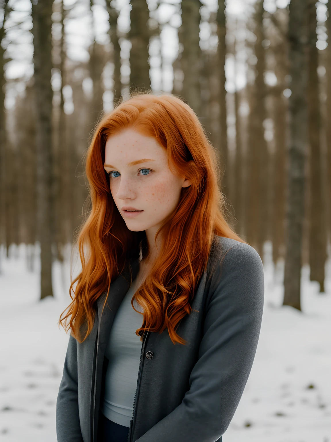 (1girl in, age19, Solo, Aesthetic artwork, irish redhead, wavy ginger hair, shoulder length ginger hair, light grey eyes, some small freckles, pale skin, A-cup, small breasts, runners body, (textured skin, skin pores:1.1), (moles:0.8), imperfect skin, goosebumps, wearing dark gray jacket, wearing navy blue leggings, empty trees, early winter, no snow, mountains, blury background, (back to camera, looking away: 1.25), (extremely detailed 8k wallpaper), (hard lighting), high quality, film grain, Fujifilm XT3 sharp focus, f 5.6, 50mm, High Detail, Sharp focus, (natural light), crazy details, complex details, hyperdetailed