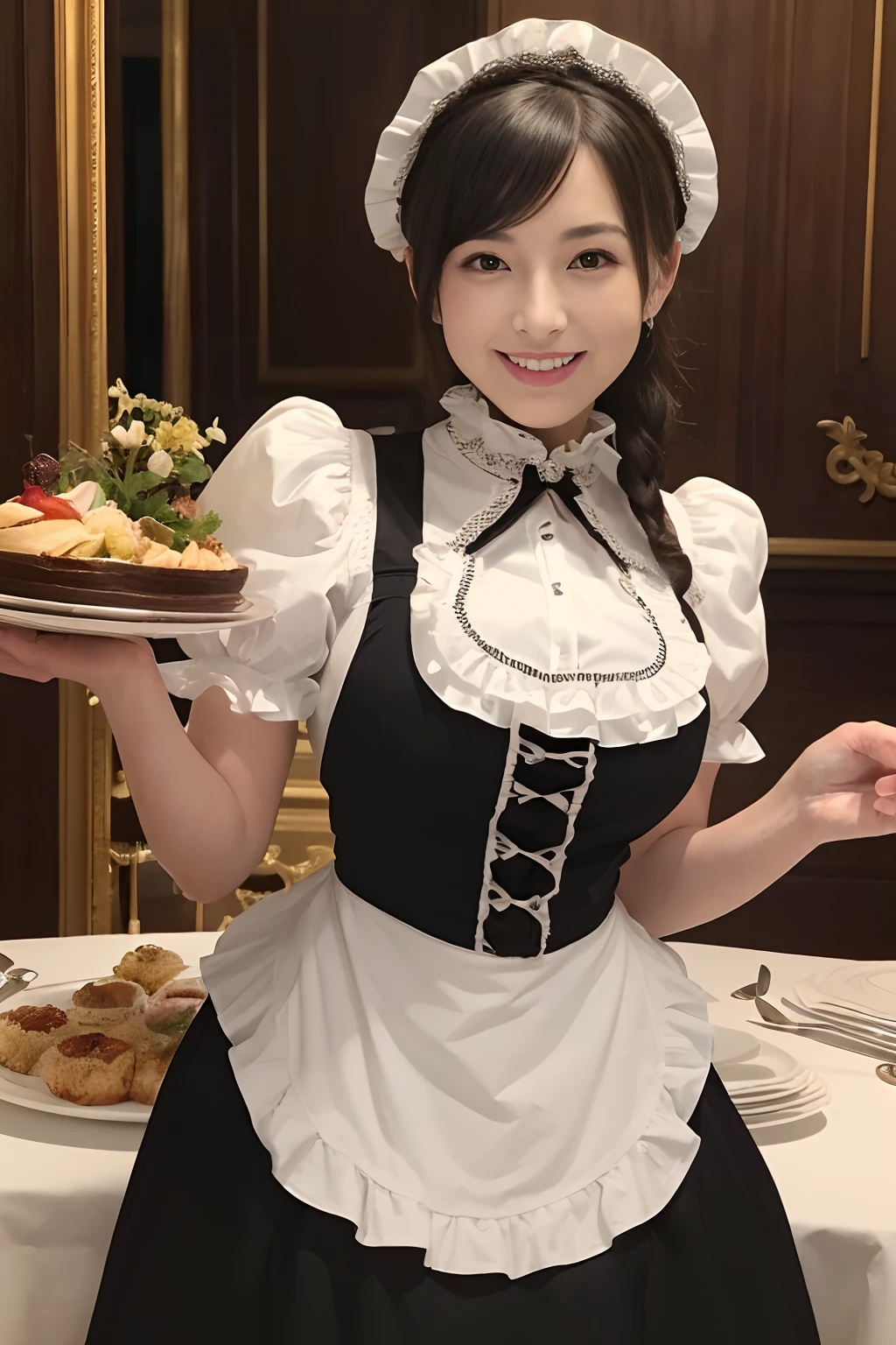 ((1 beautiful maid,Adult maid,30-years old,victorian maid, black and white maid uniform,Maid clothes with frills,Maid outfit with apron,Maid outfit with apron,Luxury maid clothes,Long skirt, Victorian Maid Costume,Wearing maid clothes,The background is the VIP room,Rooms in the mansion,mansion,Luxurious room,Detailed décor of a classy VIP room,Sumptuous dining table,Sumptuous feast,Feasts are lined up,Luxurious tables,Elegant standing maid)),(Emphasize body lines,large full breasts,Big breasts that are about to burst,The biggest smile staring at the camera,Looking at the camera,Top image quality, Top image quality, masterpiece, White teeth,Perfect smile,A big smile staring at the camera,high-definition RAW color photography, professional photograpy, extremely delicate and beautiful, Extremely detailed,finely detail, Huge file size,Top image quality,8K,Photos taken with a single-lens reflex camera)