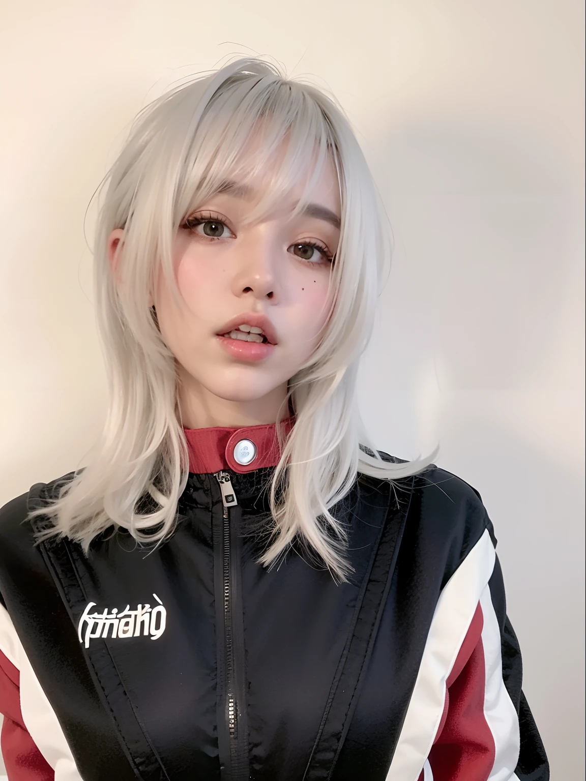 Mulher loira com cabelo longo vestindo uma jaqueta preta e branca, cabelo whitebangs cabelo, branco hime corte penteado, franja branca, com cabelos longos brancos, longos cabelos brancos e franja, her hair is white, menina cabelo prateado, menina com cabelo branco, cabelos brancos e fringy, com franja completa, menina com cabelo branco curto, com longos cabelos brancos, with asian bangs