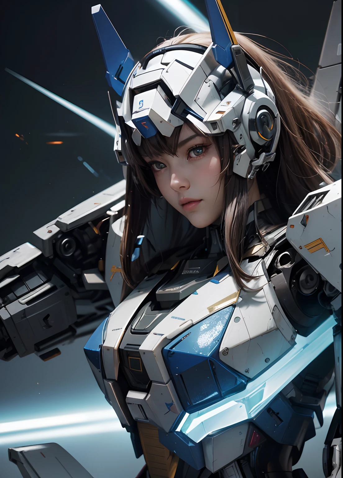 Textured skin, Super Detail, high details, High quality, Best Quality, hight resolution, 1080p, hard disk, Beautiful,(Gundam),beautiful cyborg woman,Mecha Cyborg Girl,Battle Mode,Girl with a Mecha Body,She wears a futuristic Gundam mecha,Fulll body Shot