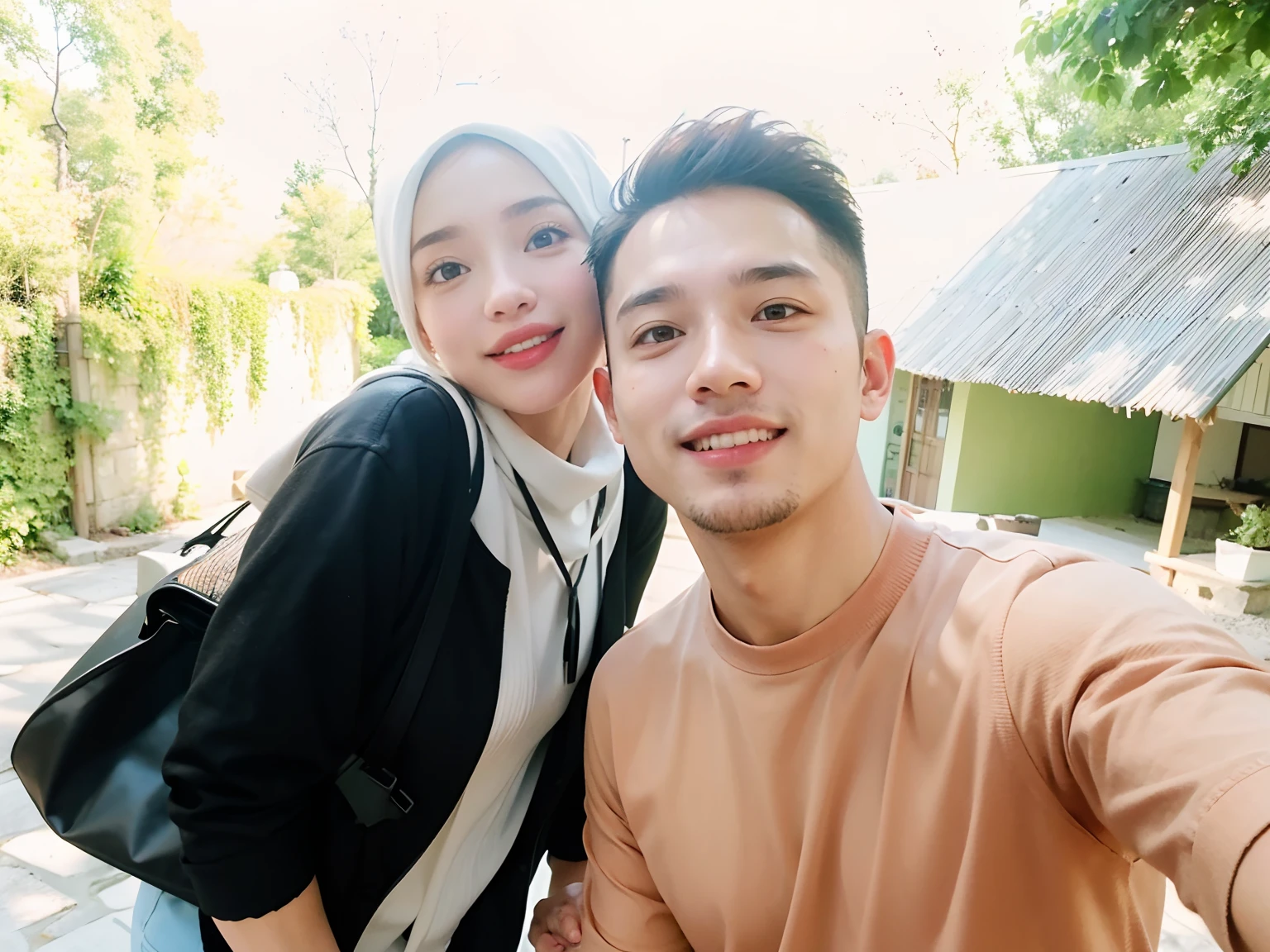 there is a man and woman taking a selfie together, taken on go pro hero8, happy couple, couple, selfie, 8k selfie photograph, lovely couple, selfie photo, with her long, in love selfie, selfie photography, during sunset, shot on nikon z9, by Abidin Dino, in garden, couple pose, vacation photo, potrait