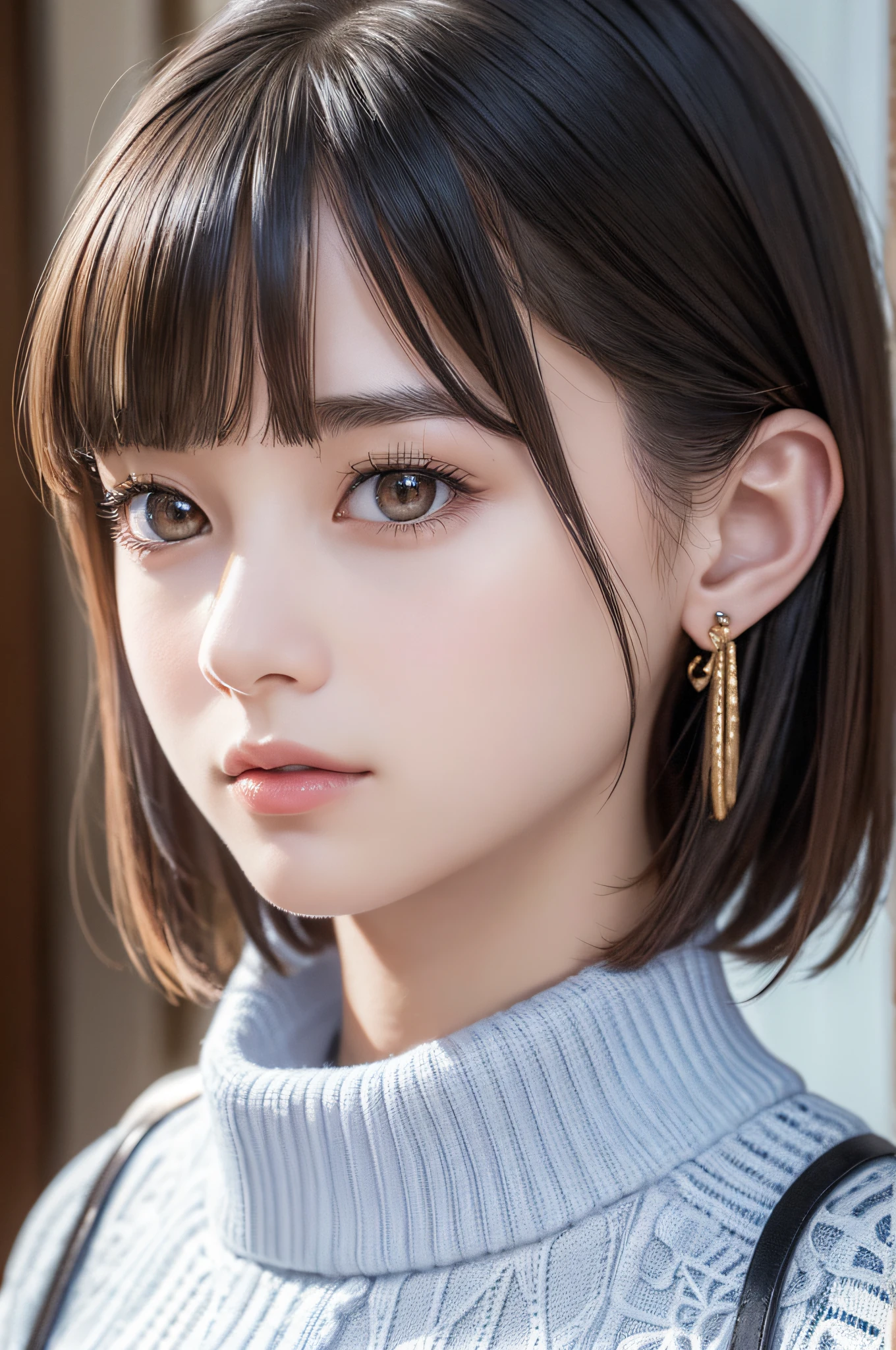 (8k, RAW photos, top quality, masterpiece: 1.2), ultra detailed, super resolution, (real, real photos: 1.37), portraits, high definition RAW color photos, professional photos, very detailed and beautiful, highly detailed, 8k wallpapers, amazing details, huge file size, official art, highly detailed CG Unity 8k wallpapers, highly detailed beautiful girls, highly detailed faces, Highly Detailed Eyes, Highly Detailed Skin, Highly Detailed Fingers, Very Detailed Nose, Highly Detailed Detailed Mouth, Perfect Anatomy, Detailed Background, Detailed Clothes, One Girl, (20:1.2), 20s, Cute Girl, Realistic Body, Petite, White Skin, Radiant Skin, Slim Body, Black Hair, Short Hair, (Blunt Bangs: 1.2), Cute, Youthful, Pretty Face, Realistic Face, Delicate Eyes, Sale Eyes, ( (Fashionable winter clothes)), ((Up)), ((((Short hair)))), Earrings, Looking at the camera, Cowboy shot, Facing Front, Standing Posture, Contrapposto, Dynamic Lighting, C Cup Breasts,