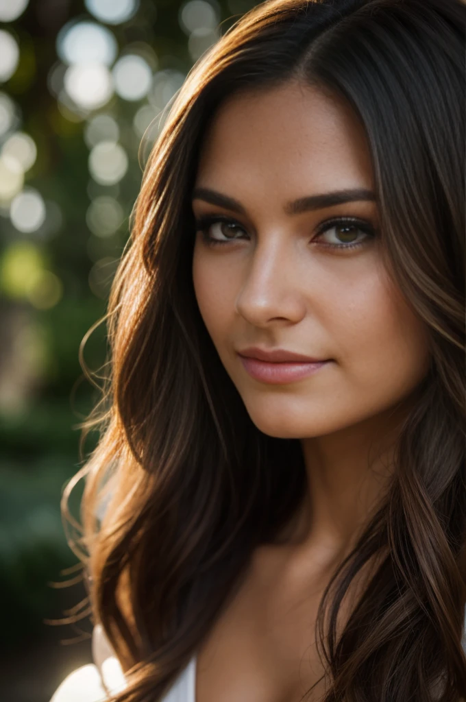 portrait photo of a beautiful 25 years european woman, angelic face, endless long (extra long wavy brown hair), [[[[close-up]]] [[[[chest]]]] [[[[neck]]] [shoulders]]]]], Award - winning photograph, Masterpiece, 8k, ultra high res, hyper detailed, beautiful woman, perfect face, rule of thirds, Perfect eyes, Perfect iris, perfect pupils, (perfectly round iris:1.3), Perfect lips, Perfect teeth, dimples, perfect nose, highly detailed hair, ((detailed face)), ((detailed facial features)), (finely detailed skin), tanned skin, realistic skin texture, extreme skin details, (pores:0.1),(sweaty:0.8), insane details, intricate details, amazing fine detail, photorealistic, photograph, realistic, realism, photorealism, rich colors, lifelike texture, neutral colors, god rays, Soft front light,cinematic lighting, dramatic lighting,dappled light on face, backlight on hair, sharp focus, wide angle, film grain, dslr, raw photo, photographed on Nikon