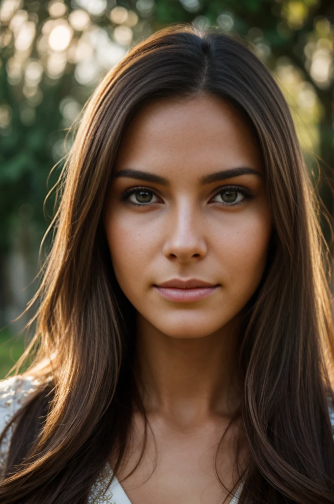 portrait photo of a beautiful 25 years european woman, angelic face, endless long (extra long wavy brown hair), [[[[close-up]]] [[[[chest]]]] [[[[neck]]] [shoulders]]]]], Award - winning photograph, Masterpiece, 8k, ultra high res, hyper detailed, beautiful woman, perfect face, rule of thirds, Perfect eyes, Perfect iris, perfect pupils, (perfectly round iris:1.3), Perfect lips, Perfect teeth, dimples, perfect nose, highly detailed hair, ((detailed face)), ((detailed facial features)), (finely detailed skin), tanned skin, realistic skin texture, extreme skin details, (pores:0.1),(sweaty:0.8), insane details, intricate details, amazing fine detail, photorealistic, photograph, realistic, realism, photorealism, rich colors, lifelike texture, neutral colors, god rays, Soft front light,cinematic lighting, dramatic lighting,dappled light on face, backlight on hair, sharp focus, wide angle, film grain, dslr, raw photo, photographed on Nikon