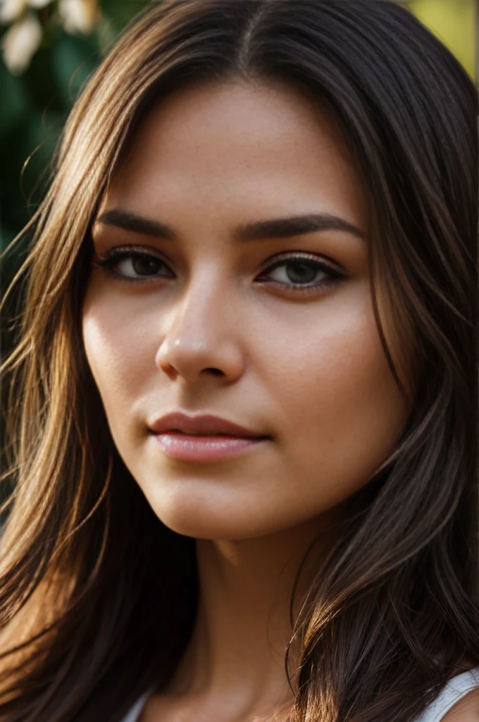 portrait photo of a beautiful 25 years european woman, angelic face, endless long (extra long wavy brown hair), [[[[close-up]]] [[[[chest]]]] [[[[neck]]] [shoulders]]]]], Award - winning photograph, Masterpiece, 8k, ultra high res, hyper detailed, beautiful woman, perfect face, rule of thirds, Perfect eyes, Perfect iris, perfect pupils, (perfectly round iris:1.3), Perfect lips, Perfect teeth, dimples, perfect nose, highly detailed hair, ((detailed face)), ((detailed facial features)), (finely detailed skin), tanned skin, realistic skin texture, extreme skin details, (pores:0.1),(sweaty:0.8), insane details, intricate details, amazing fine detail, photorealistic, photograph, realistic, realism, photorealism, rich colors, lifelike texture, neutral colors, god rays, Soft front light,cinematic lighting, dramatic lighting,dappled light on face, backlight on hair, sharp focus, wide angle, film grain, dslr, raw photo, photographed on Nikon
