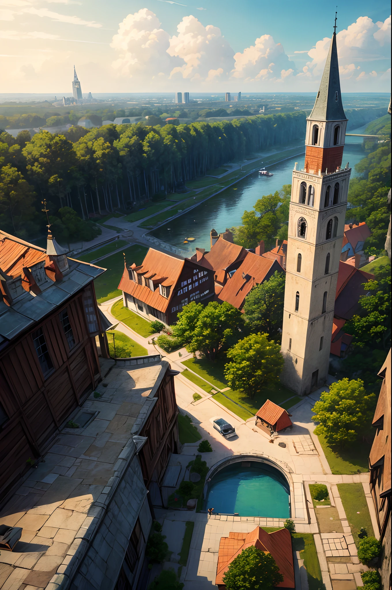 ((Masterpiece)),((Best Quality)),((high detail)),((Realistic,)) ((Ultra Detailed)) Landscape of a small medieval town, Cartoon Illustration, Type of air, Beautiful sky, Warped clouds, 1.3:pines, towers.