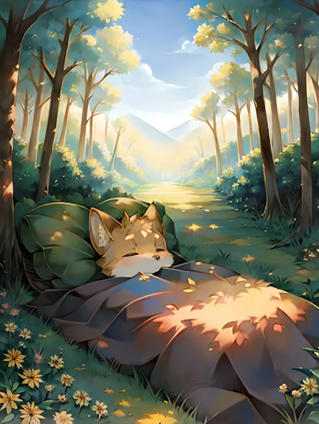masutepiece, high quality portrait, anthro, Furry, (cub), (whiskers), Solo Cute Little Fox , In the forest, sleep, Beautiful sunshine forest,Warm and cozy weather,Small Wildflowers