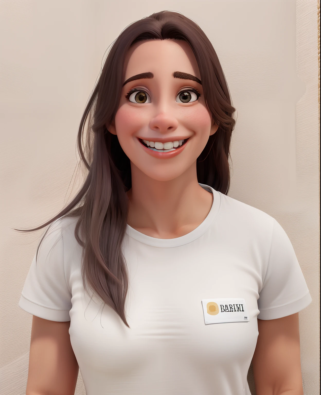 Obra-prima, de melhor qualidade, mulher de cabelos castanhos escuros longos e com um sorriso encantador vestindo uma camiseta branca