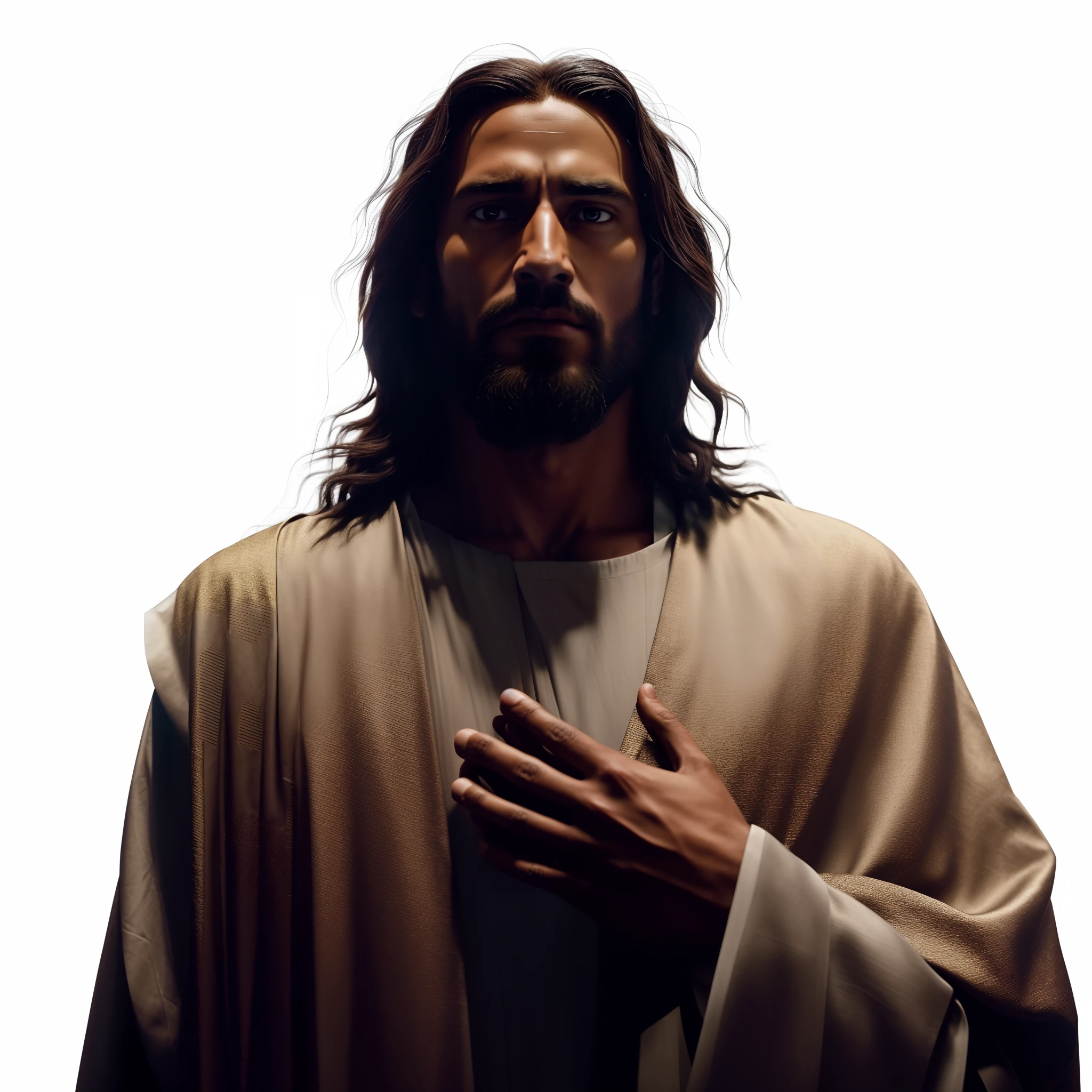 arafed image of jesus with hands folded in prayer, jesus christ, tron legacy jesus christ, jesus, portrait of jesus christ, tron legacy jesus, jesus face, jesus of nazareth, dressed like jesus christ, gigachad jesus, black jesus, jesus christ in mass effect, the lord and savior, he is greeting you warmly, god looking at me