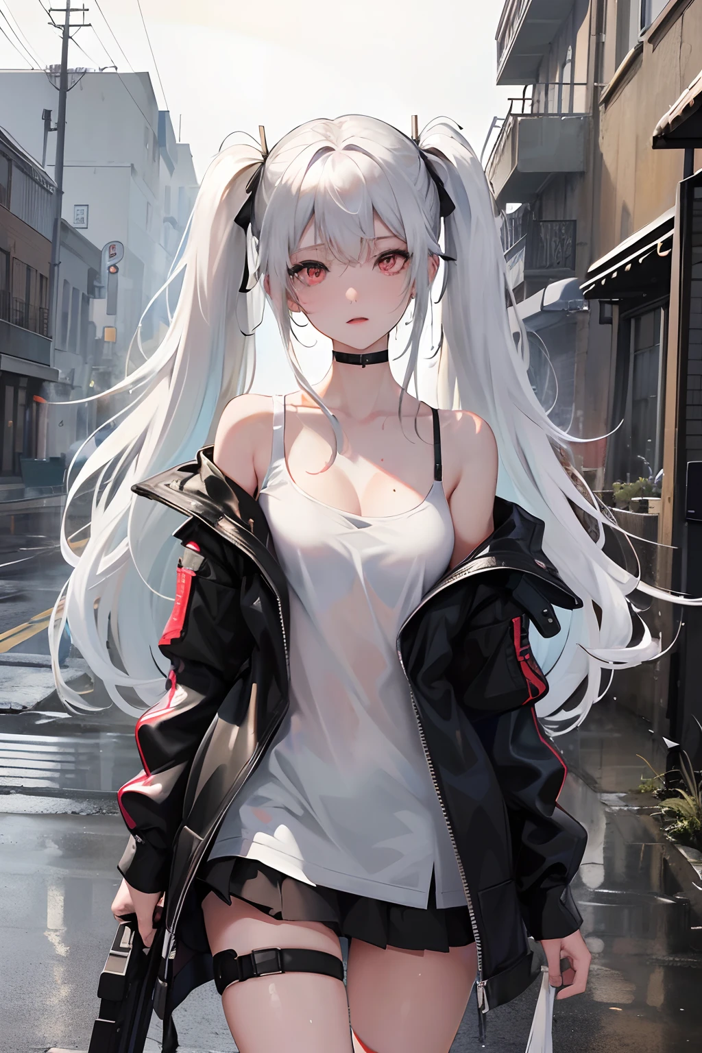 realistic, anime, 1girl,bangs, twintails, long hair, small breasts, off shoulder, white hair, rainbow hair, oversized T-shirt, white T-shirt, black bra, bare legs, thigh, cleavage, collarbone, (extremely detailed CG unity 8k wallpaper, masterpiece, best quality, ultra-detailed, best shadow), (masterpiece:1.2, best quality), very red eyes, sweat, soft body, cute, arm strap, thigh strap, multicolor eyes, outside, out door, raining, night, wet cloths, standing, standing in the rain, wet hair, wet skin, see through, (heavy rain), ruined building, messy ground, bullet shells on ground, dust, wounds, walking, jacket, tactical suit, military equipment, (night), white legwear, wet thighs, ((lotion)), from behind, (wet), dress, skirt, , happy, happy expression, thighs, from below, horizon, \(weapon\)