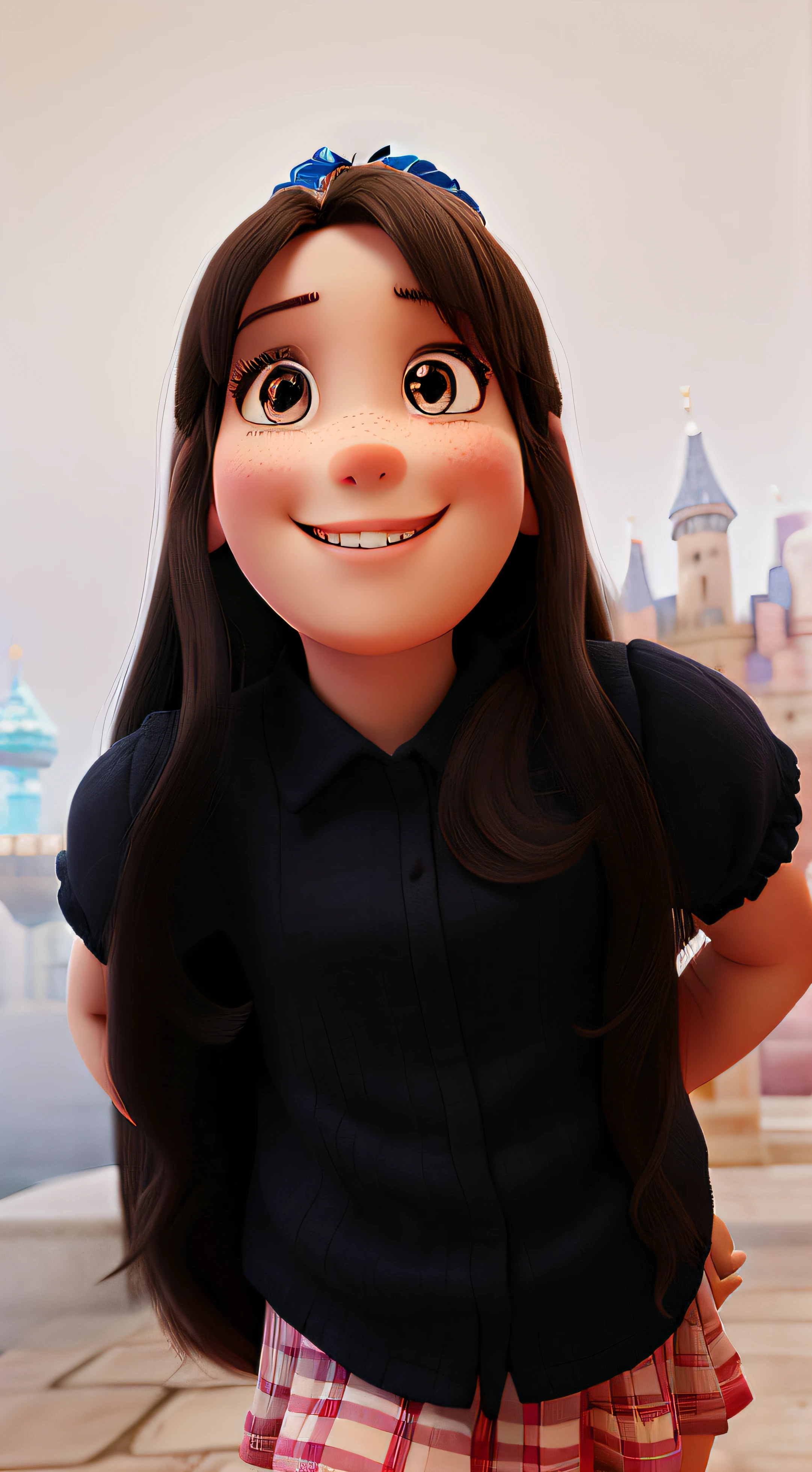 Girl, smiled, wearing princess dress, with a castle to the fu ...