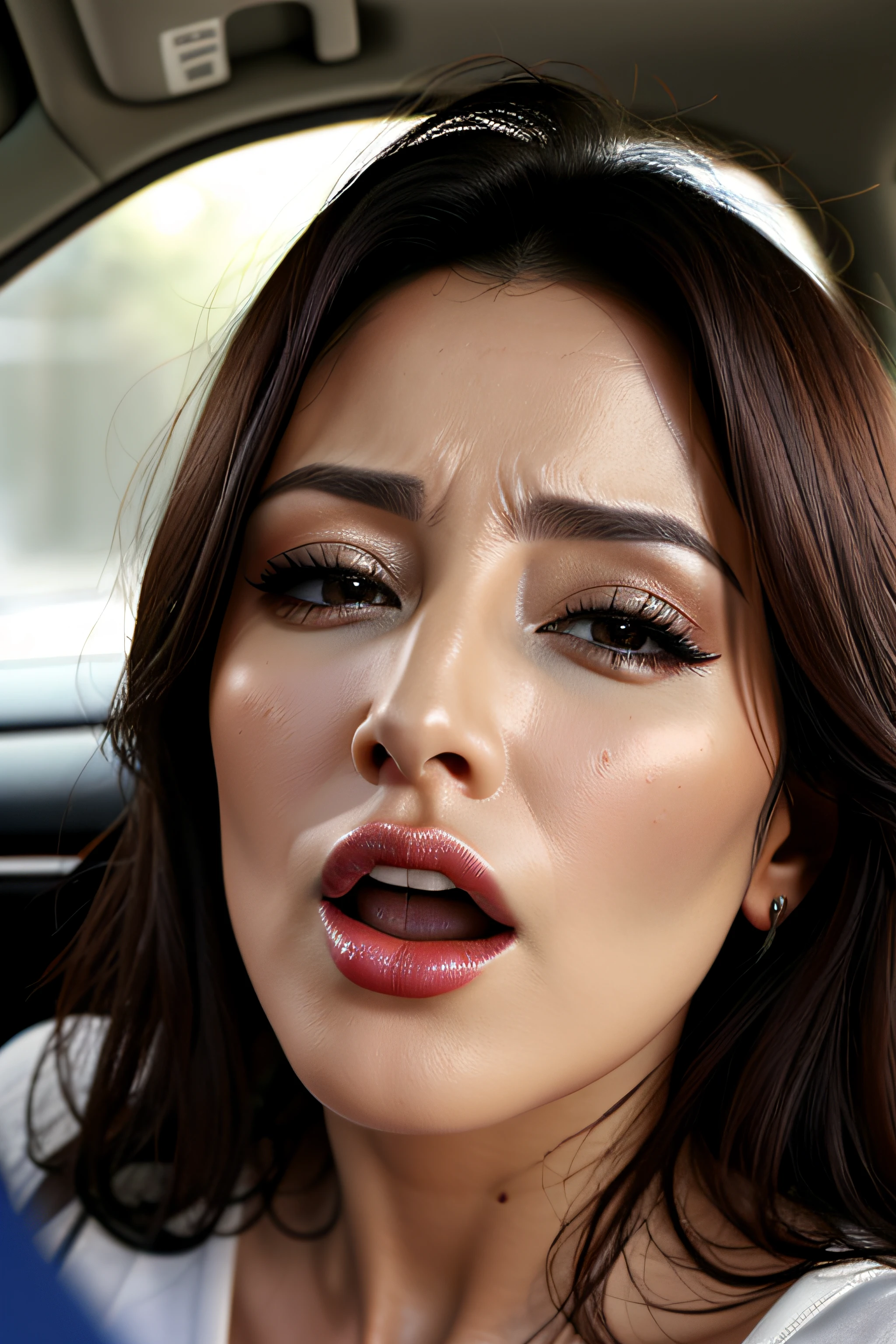 masutepiece,,award - winning photo, Extremely detailed, edgOrgasm,Face Focus, Face Close-up、Woman with mouth open and eyes closed , Woman with Edge _Face、30-years old、A dark-haired、CNN News Anchor、Glossy skin、In the car、NSFW,