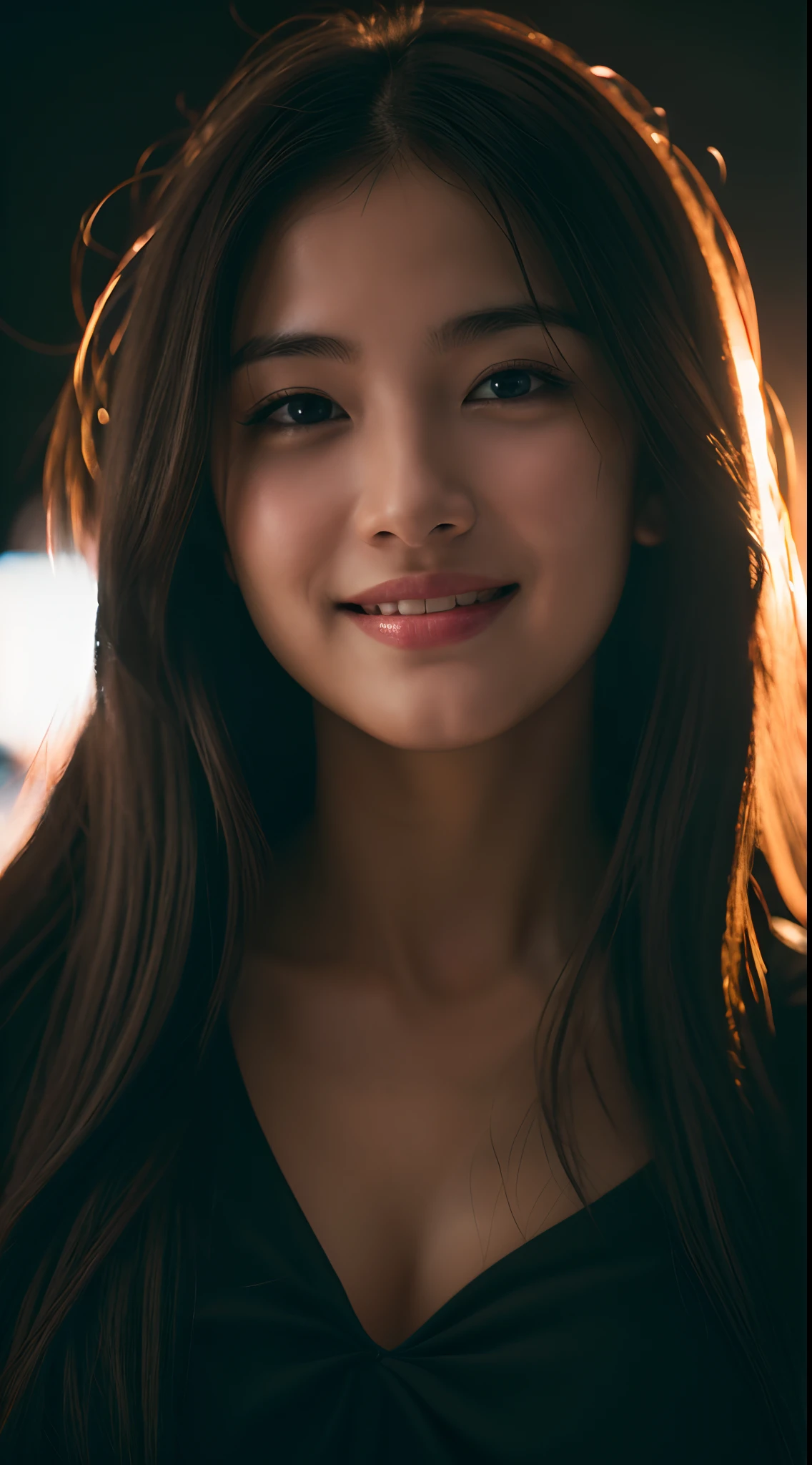 highest quality, epic realistic, ((in the pitch black darkness :1.4)), ((portrait:1.5)),(background: dark ) high contrast ,glorious picture, lowest lux, lighting face, she's comfortable, dark plain shirt, looks incredible, (8k, Raw photo, Highest quality),(epic realistic:1.5), a woman, face,(detailed eyes:0.8),(looking at the camera:1.4), (Highest quality), ( high contrast, deep shadows),Intricate details,cinematic,((skin:1.4)), (long dark hair:1.3), long hair, messy ,(Hdr:1.5),Detailed, colors, Superior quality, ( starry sky: 1.4), Masterpiece, Raw Photo (20-year-old, looking at viewer), beautiful, (wearing dark shirt,), perfect, natural, perfect composition, portrait, perfect face, smiling expression, Captivating eyes, Bright details, Tight lips, (High Skin Detail),, (blue tint: 0.6), (sale: 0.8), (bloody: 0.7), Key lighting , (backlight: 0.5), Medium depth of field, Canon 5d, 50mm lens, f/4 apertures, (Ultra-detailed, Complex detail), sharp focus, soft colors, 8k, Absurd, 80mm, dark background, photography, smiling, pinay, filipina, small boobs