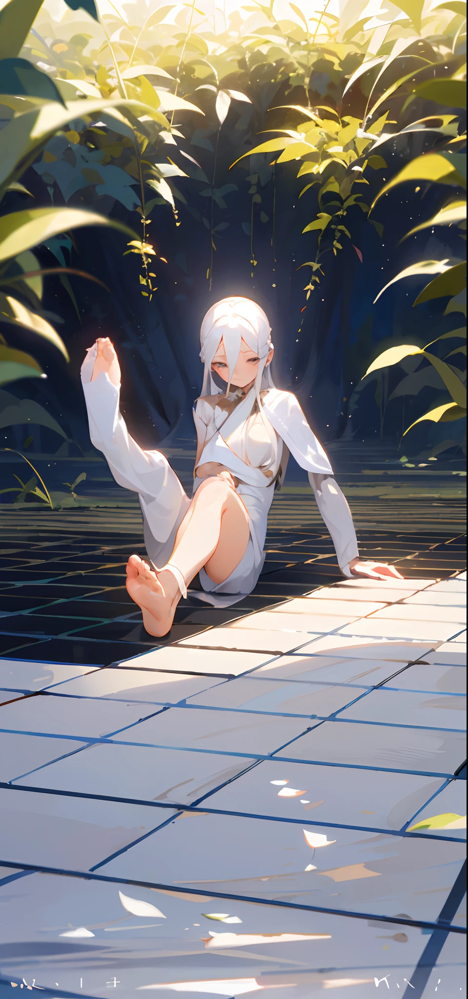 (tmasterpiece,best qualtiy),1 girl with long white hair sitting in a field of greenery and flowers,her hand under her chin,warmly lit,white dresses,Blurred foreground,Empty eyes,The barefoot