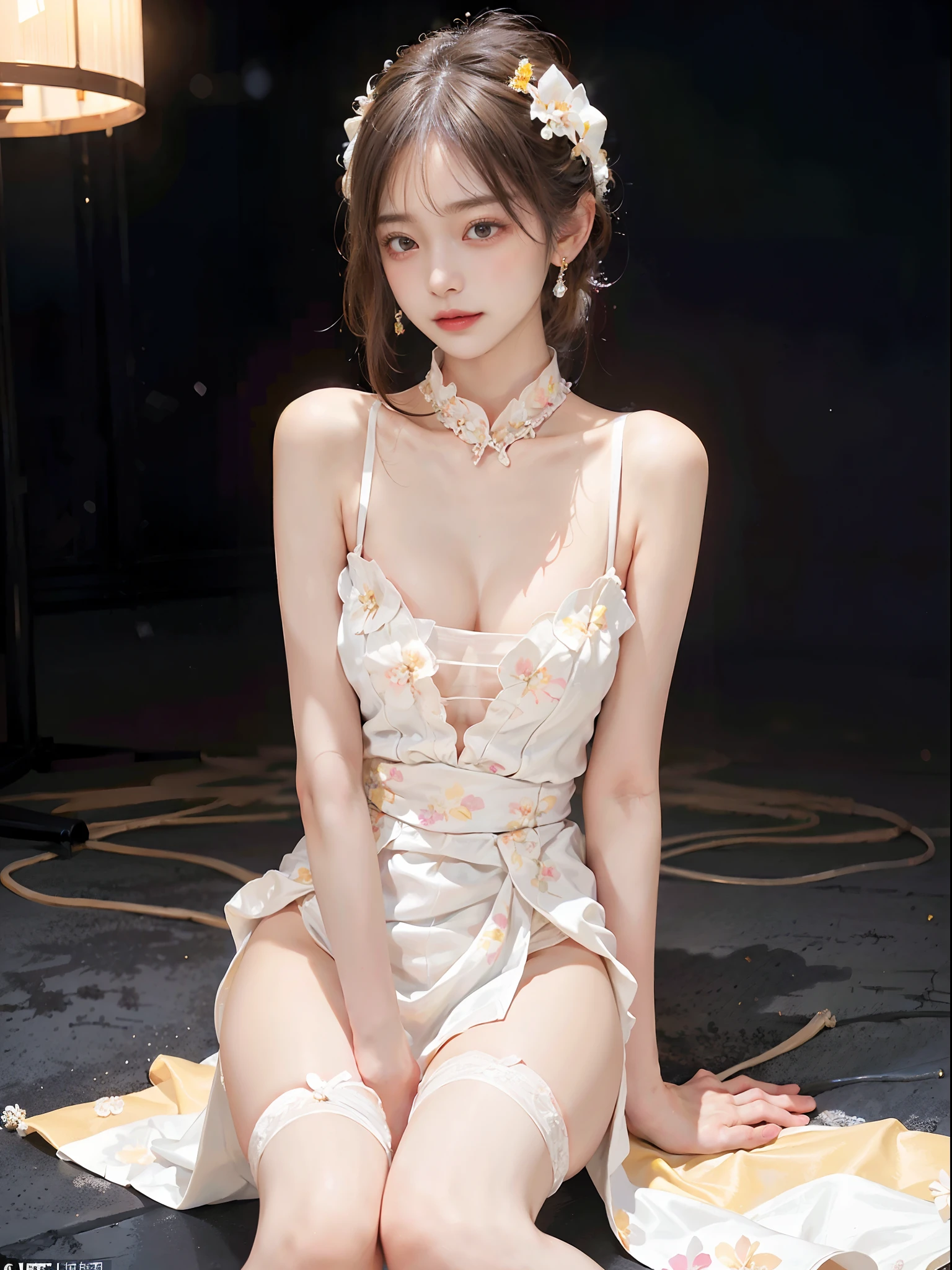 ((knee shot)), (from side), A young girl, the night, lamplight, streetview, Street photography, Cross ed leg, posing elegantly, warm lights, a warm color palette, ((White floral dress, DEEP-V COLLAR, high-waist)), Detailed scenes, Long messy hair, Brownish-yellow hair, light make-up, Blushlush, Nice slender legs, (Extremely high color saturation), Detailed details, ultra-detailliert, (tmasterpiece, best qualtiy), (An extremely delicate and beautiful work), Delicate earrings, Delicate necklace, Simple blurred background, Extreme detail description, Ultra-fine painting, Delicate face, slim toned body, Slimming the waist, grin