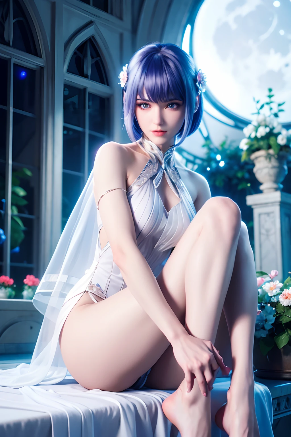 (ultra-detailed, high-resolution:1.2),(highly detailed:1.3),Seele,detailed,
1girl,solo,bangs,hair ornament,blue eyes,short hair,blue hair,hair between eyes,black hair,(sharp focus:1.2),
masterpiece,highres,original,extremely detailed wallpaper,looking at viewer,
(mid shot:0.95),Dynamic angle,(This is the greenhouse),
(greenhouse),(nature),growth,she(sitting, admiring the flowers and the moon),
she(white simple style transparent dress+hair flower+shiny skin+shiny hair+crystal clear clothes),bare legs,barefoot,upper body,