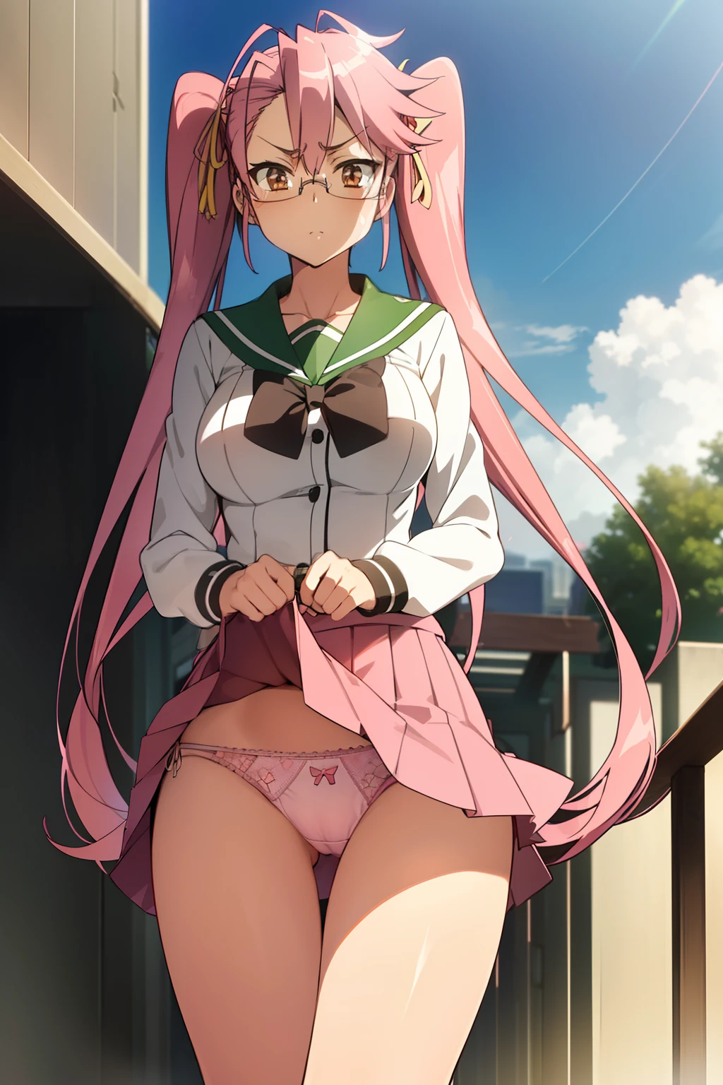 Hayatakagi, Hajime Takagi, Long hair, bow ribbon, (Twin-tailed:1.3), (Brown eyes:1.5), Hair Ribbon, Pink hair, (eye glasses:1.3),BREAK skirt, thighs thighs thighs thighs, School uniform, serafuku, Green skirt, bowtie, Long sleeves, black bowtie,(looking at the viewers:1.3),BREAK (masutepiece:1.2), Best Quality, High resolution, Unity 8k壁纸, (Illustration:0.8), (Beautiful detailed eyes:1.6), extra detailed face, Perfect Lighting, extremely details CG, (Perfect hands, Perfect Anatomy),cowboy shot、(outside of house、plein air)、(Skirt lift:1.5), (Pink streaks々Panties:1.5)、(Skirt that rolls up:1.3)、(Fully exposed panties:1.5)、