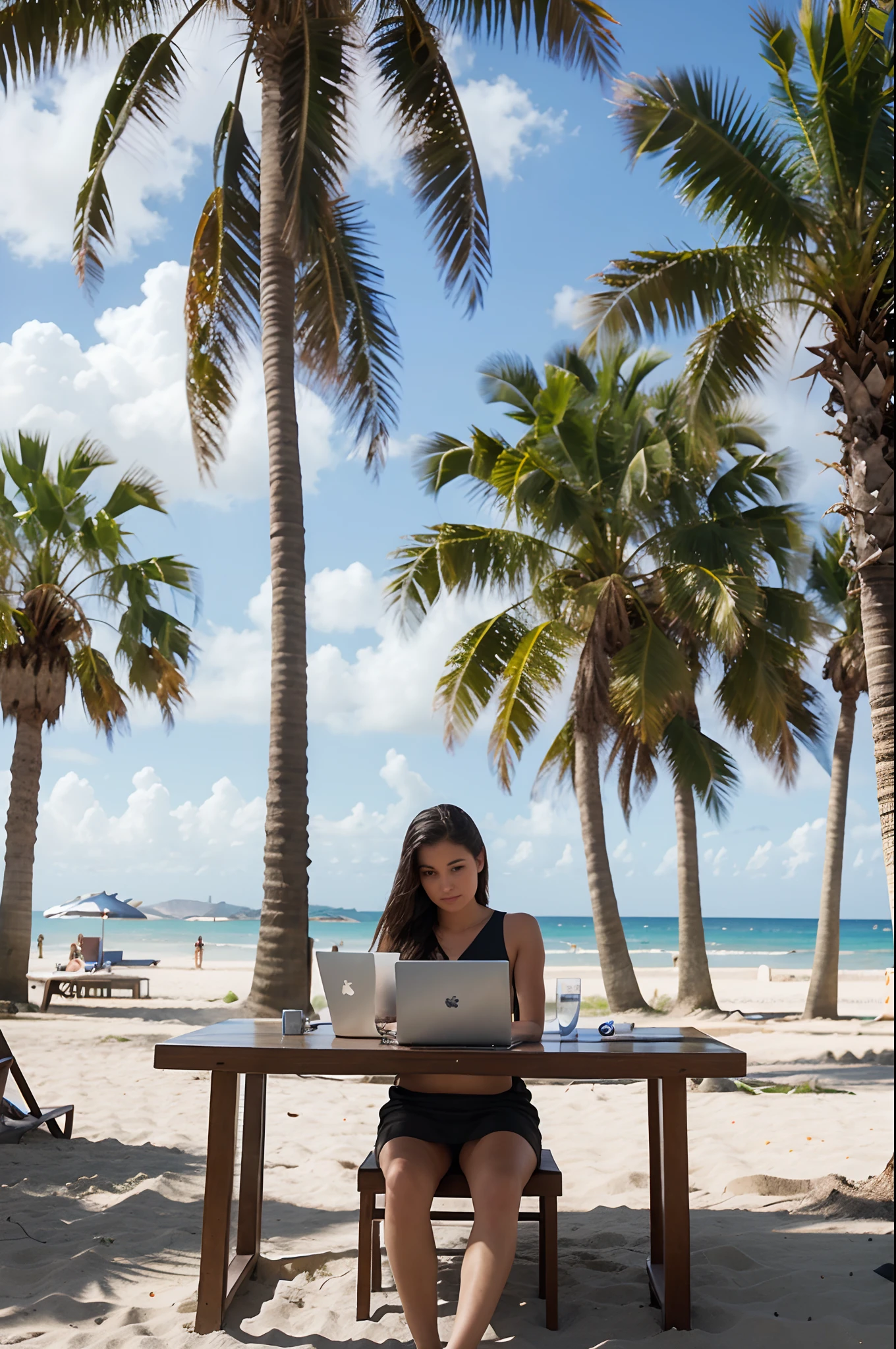 a girl sitting at a table on the beach, az asztalon laptop, palm trees in the background, digital image