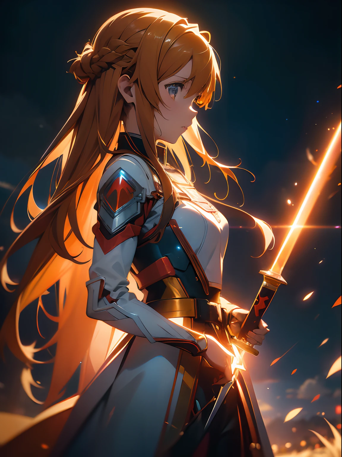 asunayuuki, orange color hair， Holding two glowing swords， White combat uniform, Sword Art Online Adaptation, Red strokes that simulate the speed of the character, Battle Mode, (Ultra-realistic), {extremely detailed 8k CG unit wallpaper}, Vast landscape photos, (A central view that prioritizes the entire character, (Wide Open Field View), (low  angle shot), (Highlight: 1.5), (low illuminance: 1.0), (Warm light source: 1.0), intricate-detail, (Iridescent colors: 1.5), (Bright lighting), (Atmospheric lighting), Sword Art Online, Dreamy, Anime