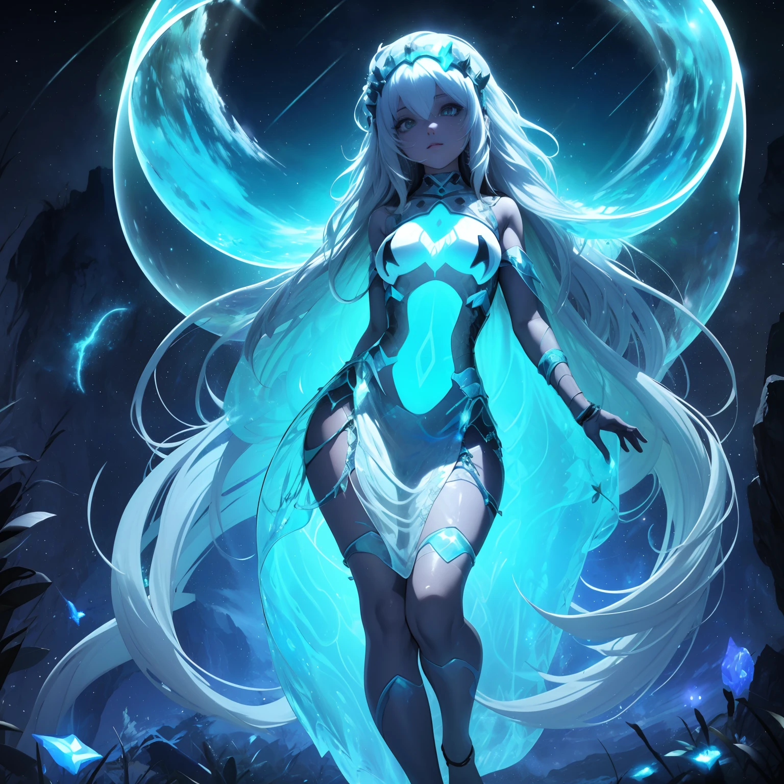 desenho de uma mulher jovem bonito, long flowing hair, corpo brilhante bioluminescente transparente, em um fundo escuro profundo, Glassmorphisom,   32k por AiLove, Misterioso