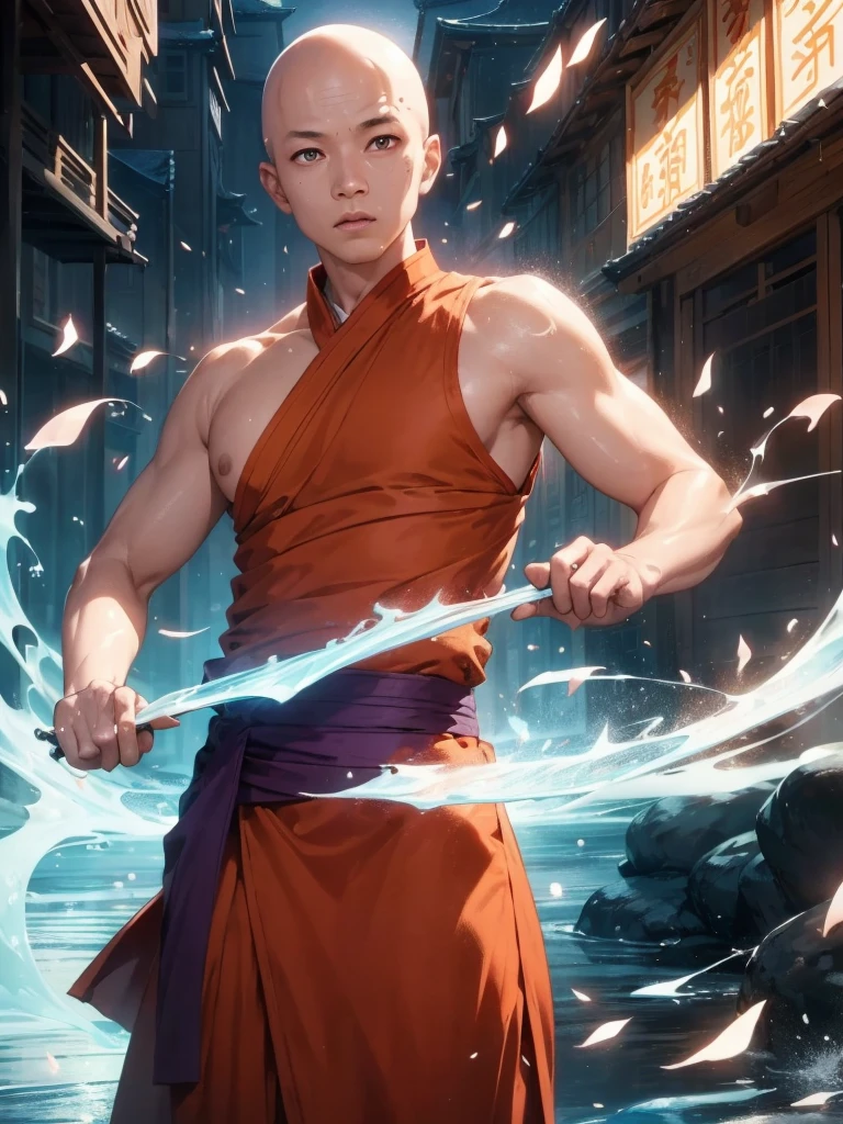 Handsome Shaolin monk、(((1 juvenile,bald-headed,buddhist monk,full bodyesbian,tear-mole:)))full bodyesbian,Sharp eyes,Clear facial features,Angular,dressed white hanfu,Chinese Kung Fu,Powerful dynamic posture,The body is surrounded by purple mist,Runes surround you,Martial arts action,Holographic reality,holographic halo,dynamic blur,Game lighting effects,rim-light,Soft light,cinematic rim light,The light is delicate