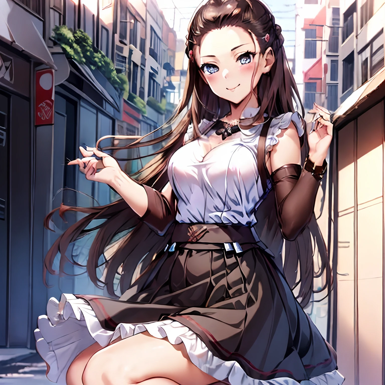 (masutepiece), (Best Quality), (ultra-detailliert), 1girl in,  blush,medium breasts, dressed casually, Looking at Viewer, large hair, Brown hair