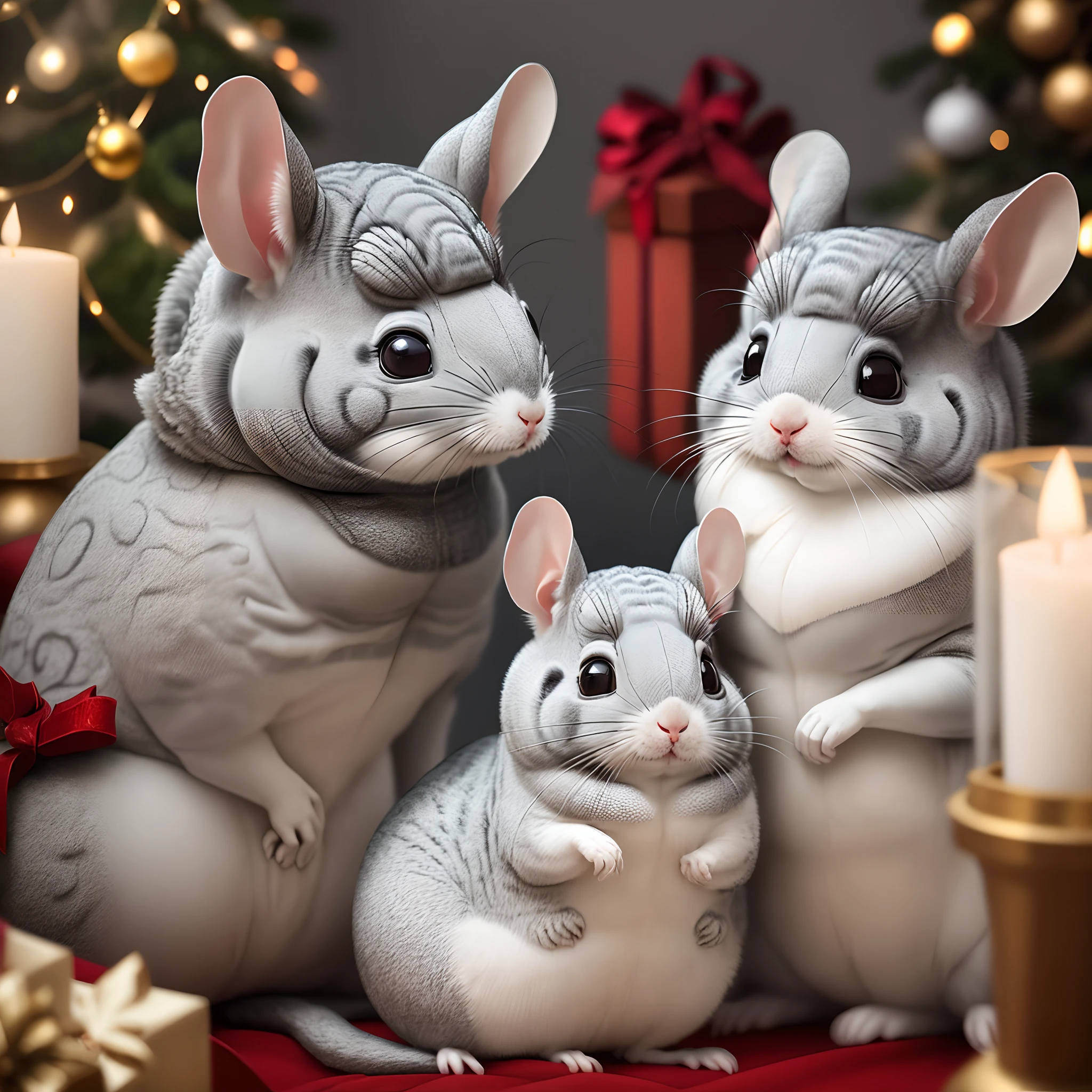 A light grey chinchilla with a white chinchilla in a Christmas décor