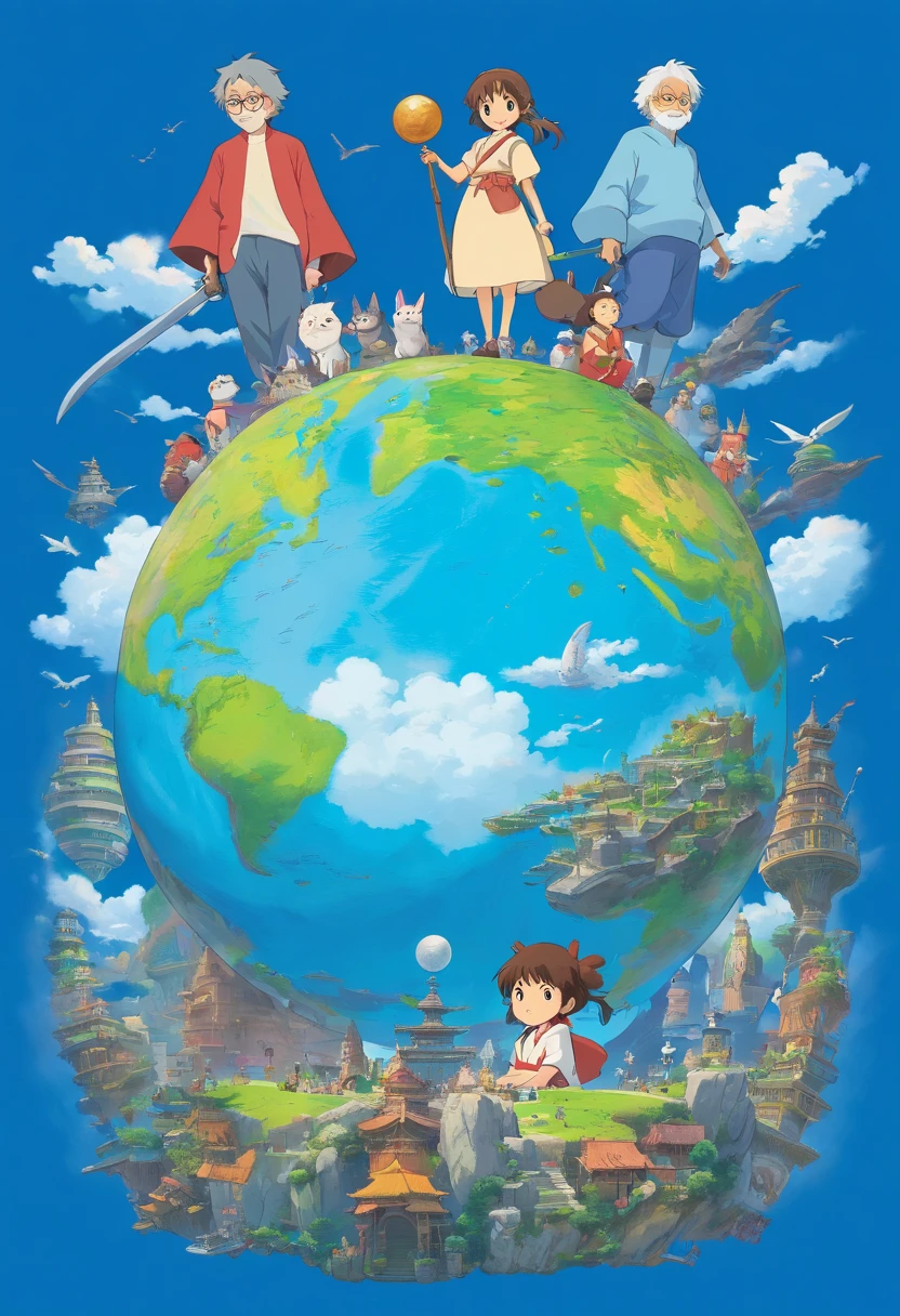Solid blue background,In the middle is a circular globe