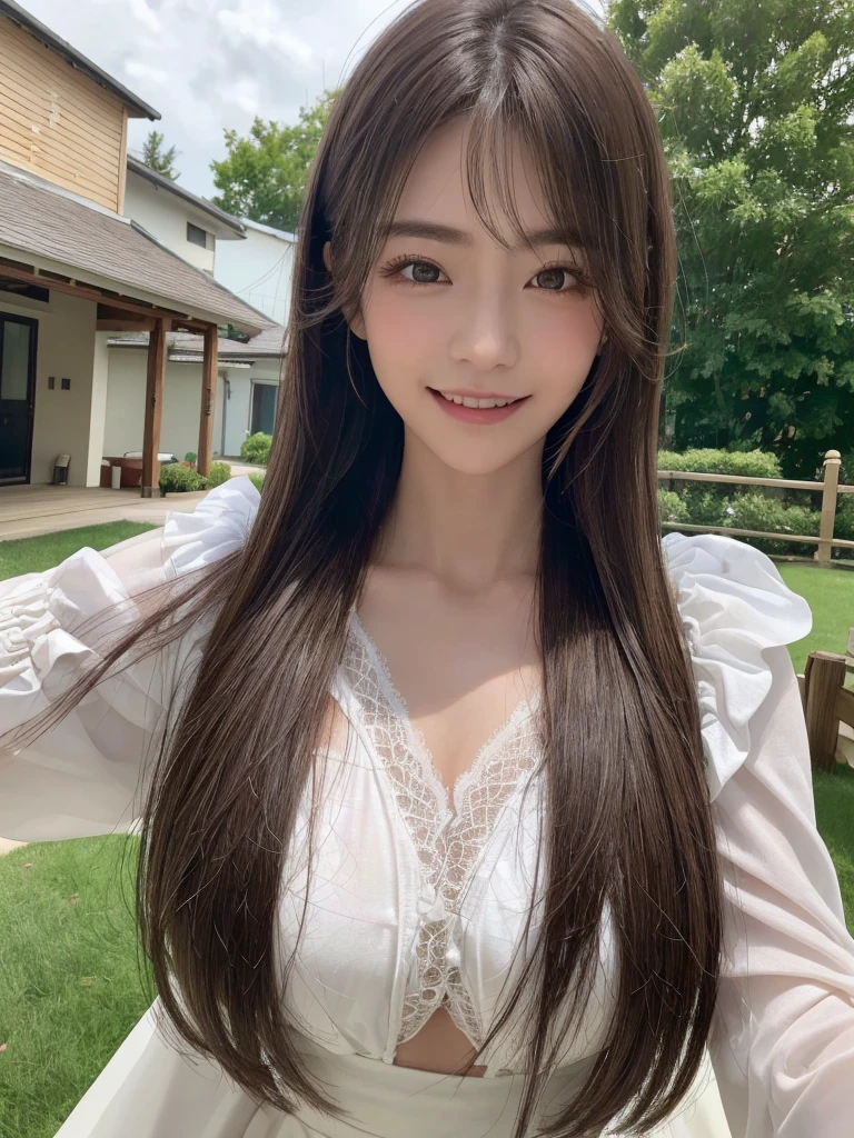 in 8K、high-level image quality、hightquality、hight resolution、femele、big eye、Super Detail Eyes、Hair in super detail、bokeh feeling、Natural makeup、summer、A smile、ssmile、bacchus、In drinking、Delicious food、Snacks、large full breasts、red-lips、Little red cheeks、1 persons、Beautiful nails、nature backdrop、valley、bacchus