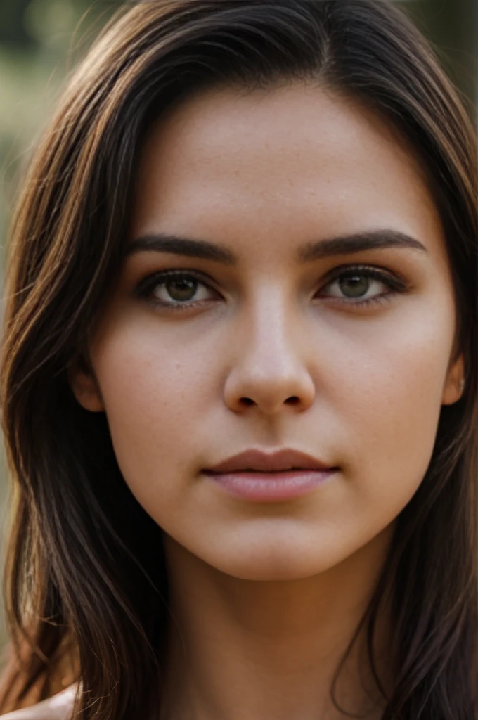 portrait photo of a beautiful 25 years european woman, angelic face, endless long (extra long wavy brown hair), [[[[close-up]]] [[[[chest]]]] [[[[neck]]] [shoulders]]]]], Award - winning photograph, Masterpiece, 8k, ultra high res, hyper detailed, beautiful woman, perfect face, rule of thirds, Perfect eyes, Perfect iris, perfect pupils, (perfectly round iris:1.3), Perfect lips, Perfect teeth, dimples, perfect nose, highly detailed hair, ((detailed face)), ((detailed facial features)), (finely detailed skin), tanned skin, realistic skin texture, extreme skin details, (pores:0.1),(sweaty:0.8), insane details, intricate details, amazing fine detail, photorealistic, photograph, realistic, realism, photorealism, rich colors, lifelike texture, neutral colors, god rays, Soft front light,cinematic lighting, dramatic lighting,dappled light on face, backlight on hair, sharp focus, wide angle, film grain, dslr, raw photo, photographed on Nikon