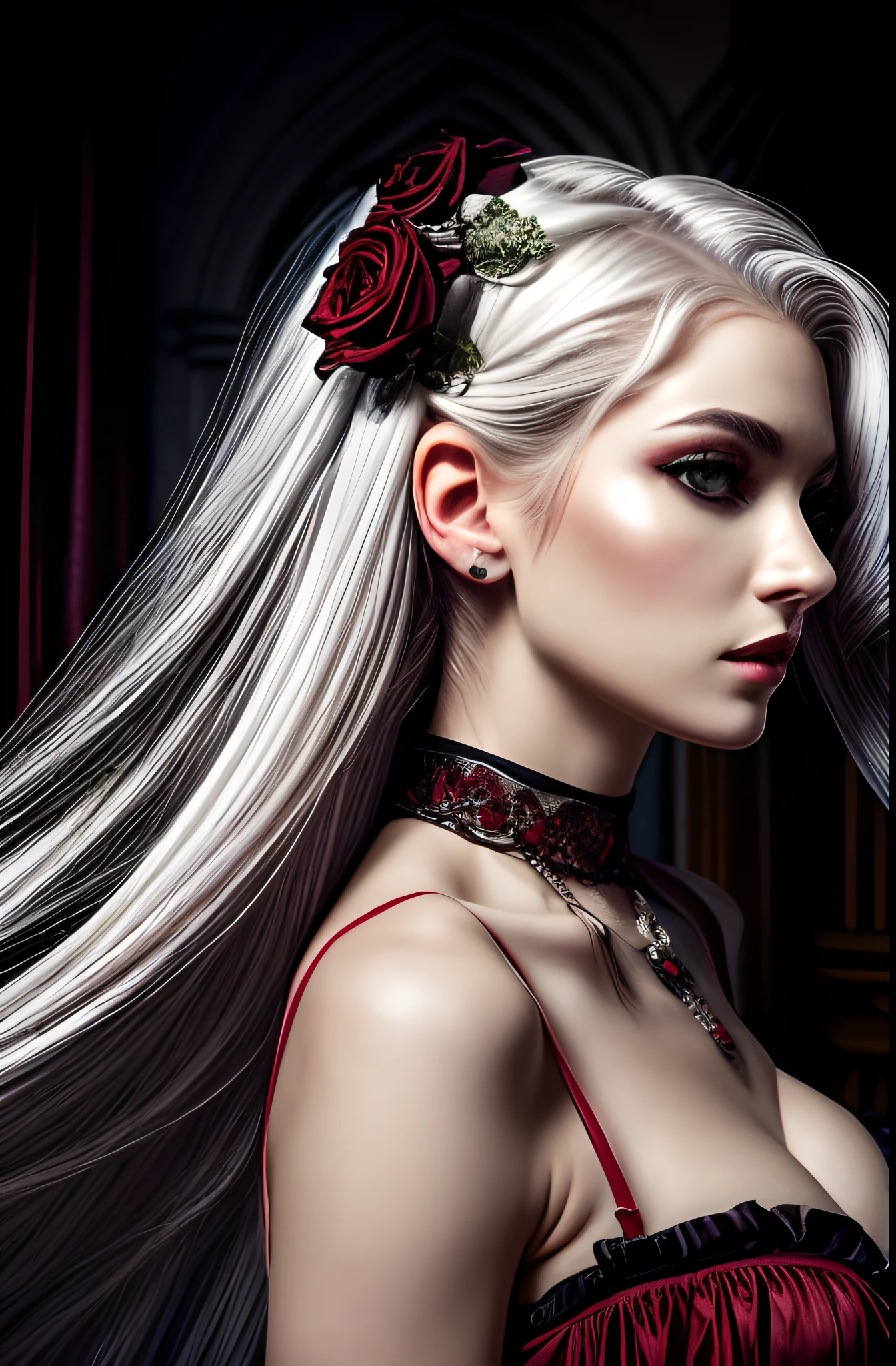 Beautiful realistic photo, portrait photography, photo realistic, (Correct anatomy of the hands), Girl 19 years old, princess, 1girl, solo, looking at the window, pale skin, ghostly skin, common characteristic of vampires in folklore. She typically has long, (((white or snowy-white hair))) that flows down her back, but doesn't extend over her waists. Her flowing hair cover one of her eyes, side bangs hair style. (((smudged eyeshadows))), ((("side-swept" hair))), one hairpin with roses on top of the hairpin, pinned on her hair on the side near her ear. ((Red Eyes)), a striking shade of red, further emphasizing her vampiric nature. Gothic Attire, a stylish and gothic-inspired outfit, which includes a good balance combination of red and gold, elegant clothing with ornate details, such as ruffled or lace trim and corset-like elements. black choker based on a bat shape, sleeveless. Elaborate Accessories, black chokers, necklaces, and rings that add to her overall appearance. Ethereal Auras presence that enhances her vampire theme. Flowing and Elegant hair, long and flowing, an elegant and regal appearance. (("side-swept" White hair, her flowing hair covered one of her eyes)). Wisteria Accents: Her hair may feature red wisteria flowers and vines woven into her locks. These floral elements add a unique and nature-inspired touch to her hairstyle. Ornate styled hair, in an ornate and elaborate manner, with attention to detail and intricacy that reflects the "countess" theme of the skin. night, castle, indoor, soft portrait shot 8 k, gorgeous cinematic lighting, beautiful and cinematic lighting, cinematic lighting photography, cinematic soft lighting, beautiful cinematic lighting, cinematic portrait, bokeh top cinematic lighting, beautiful soft lighting, atmospheric portrait, moody cinematic lighting, soft lighting 8k.