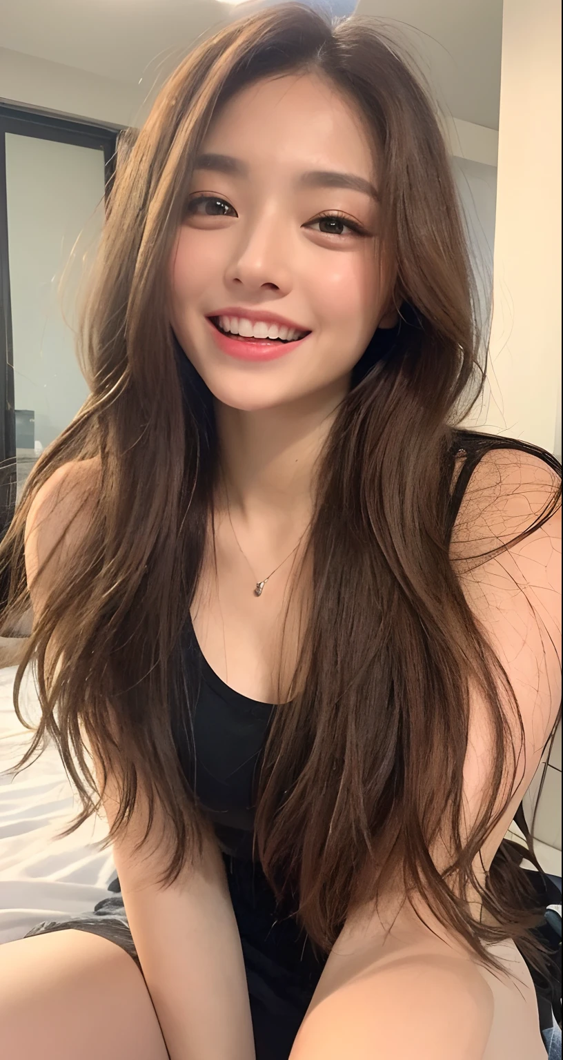 ((top-quality、8K、Girl with face in the photo、masterpiece:1.3))、Detailed hand、Detailed mouth、A detailed face、perfect hand、thick thight、see through pajama、full body Esbian、Slim Faces、Pretty women、(brown haired、Beautiful shiny hair)、full-shot、(on the beds:1.2)、(perfect teeth、)burst into laughter、Open your legs to receive、:1.1、hyperdetailed face、A detailed eye、二重まぶた、