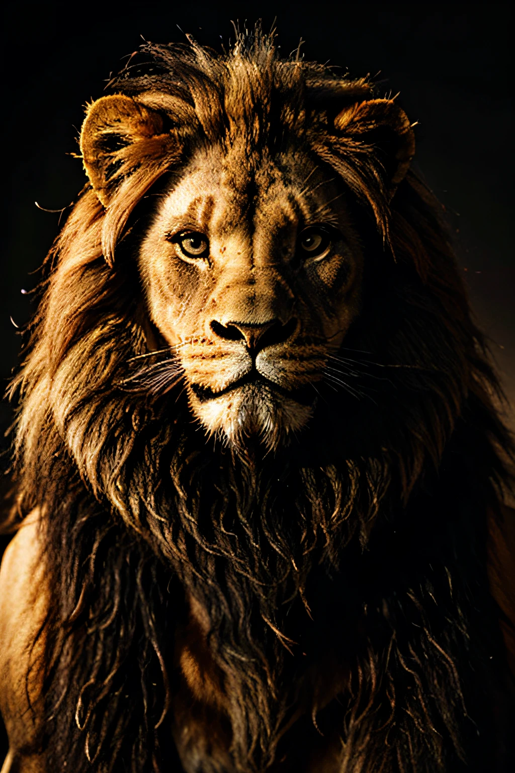 arafed lion with a black mane and a black background, face of an lion, portrait of a lion, with the mane of a lion, lion, king of the jungle, the mane of a lion, lion head, fierce angry expression 4k, portrait of a king, regal and menacing visage, intimidating stare, half lion, head of a lion,