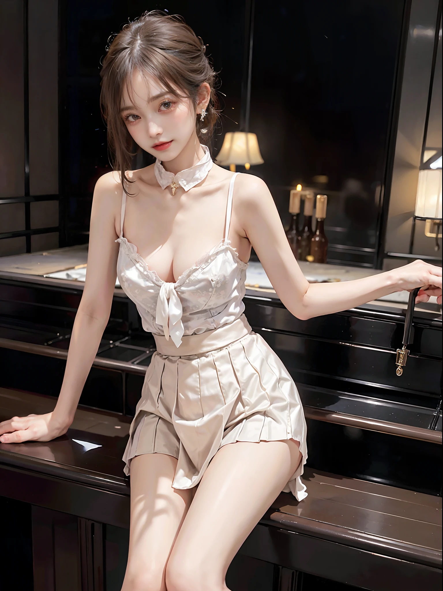 ((cowboy shot)), (from below), A young girl, the night, lamplight, In the bar, standing on your feet, Leaning against the bar, Cross ed leg, posing elegantly, warm lights, a warm color palette, ((White color blouse, DEEP-V COLLAR, a black pleated skirt)), Detailed scenes, Long messy hair, Brownish-yellow hair, light make-up, Blushlush, Nice slender legs, (Extremely high color saturation), Detailed details, ultra-detailliert, (tmasterpiece, best qualtiy), (An extremely delicate and beautiful work), Delicate earrings, Delicate necklace, Simple blurred background, Extreme detail description, Ultra-fine painting, Delicate face, slim toned body, Slimming the waist, grin