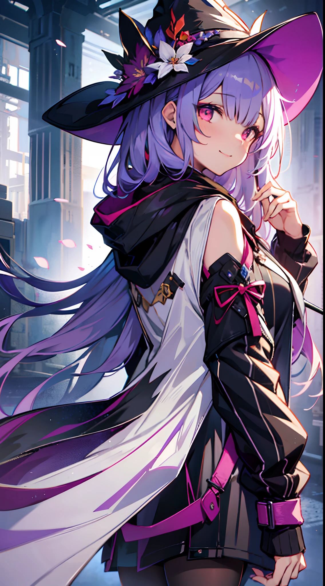 1girll，Red eyes， White color blouse， Gorgeous Hair in Long Purple， looking at viewert， light particules， ssmile， starrysky， Wizard's Hat， 无袖， bare shoulders​， By bangs，（ She wears a black hooded trench coat，There are fluff on it）， tilt of the head，Pantyhose, nipple tassels,flower knot, mitts,  beatiful detailed eyes， detailed back ground，