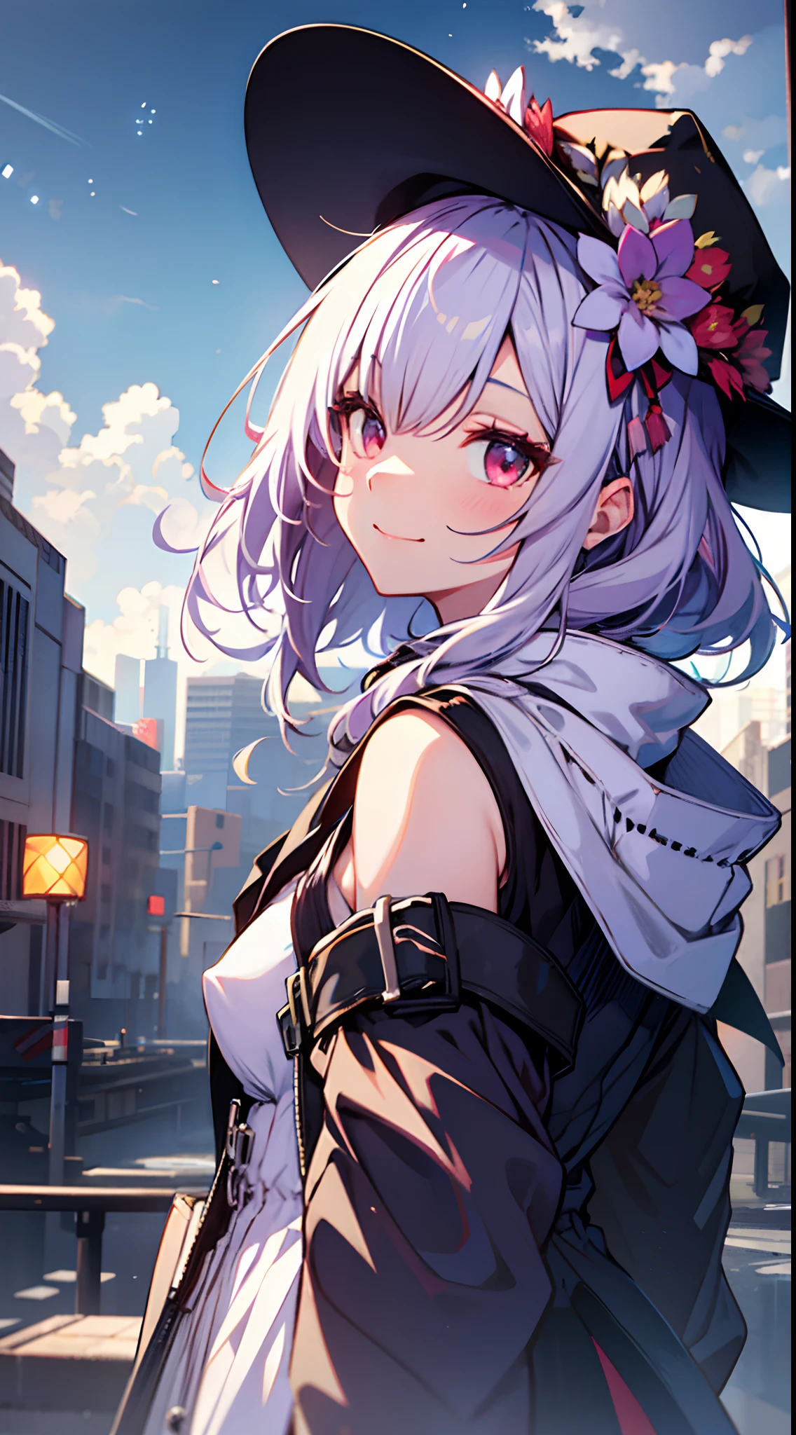 1girll，Red eyes， White color blouse， Gorgeous Hair in Long Purple， looking at viewert， light particules， ssmile， starrysky， Wizard's Hat， 无袖， bare shoulders​， By bangs，（ She wears a black hooded trench coat，There are fluff on it）， tilt of the head，Pantyhose, nipple tassels,flower knot, mitts,  beatiful detailed eyes， detailed back ground，