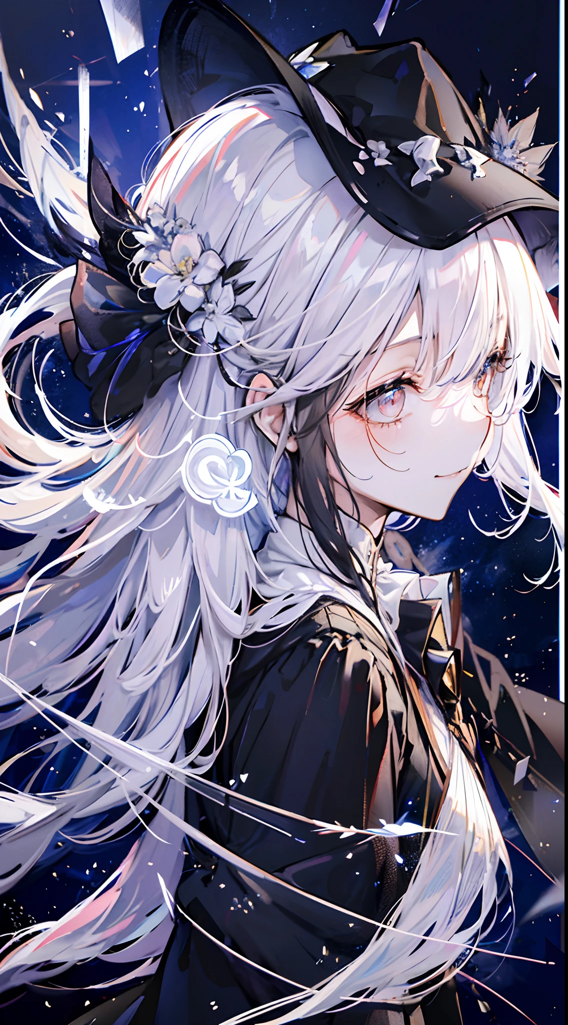 1girll， 独奏， flutes， 黑The eye， White color blouse， Long black hair， looking at viewert， light particules， Smile with your mouth closed， starrysky， Wizard's Hat， 无袖， bare shoulders​， By bangs， From the side Side，（ She wears a black hooded trench coat，There are fluff on it）， tilt of the head， beatiful detailed eyes， detailed back ground，black long socks