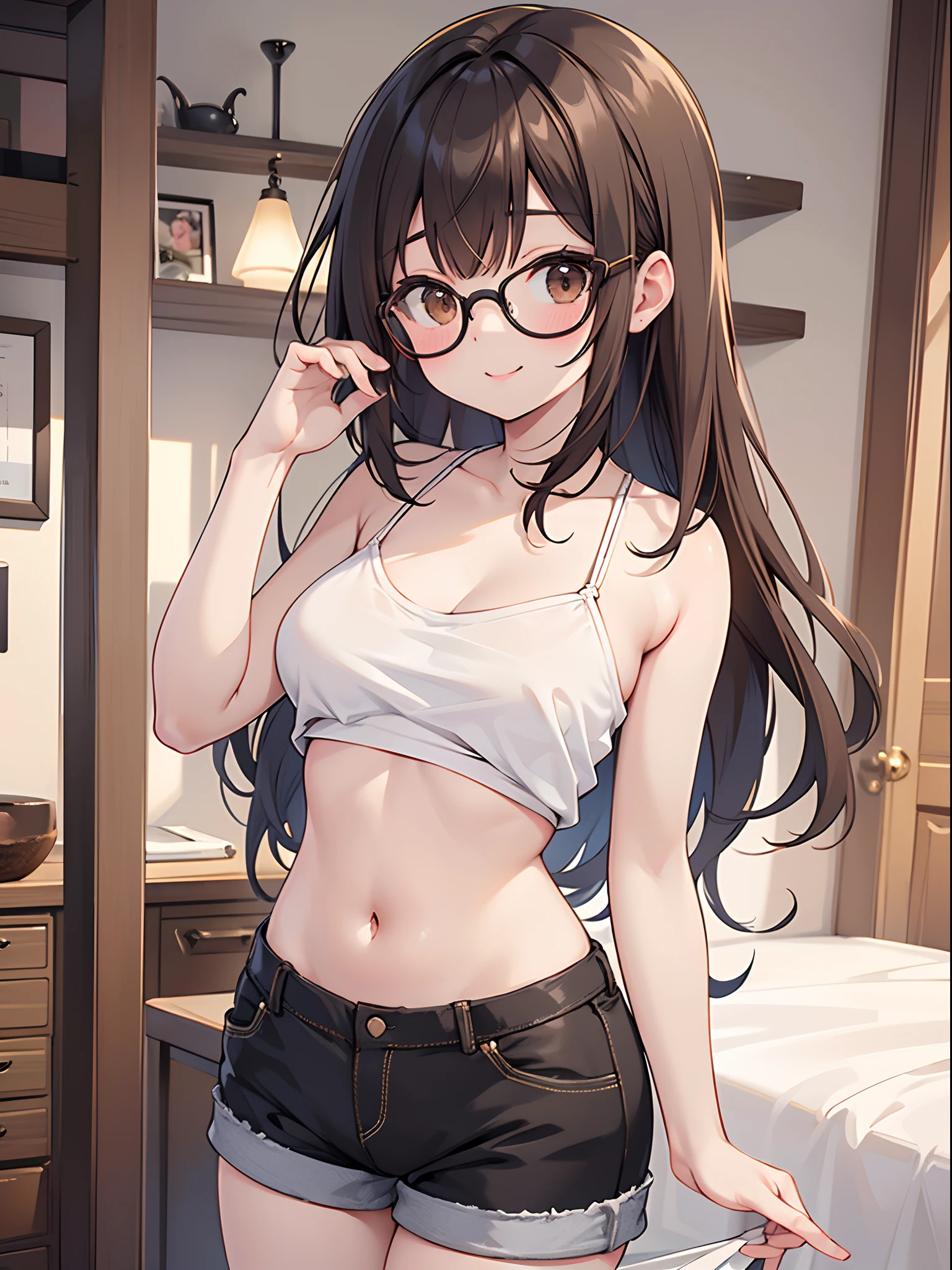 Highest quality, masterpiece, High resolution, (alone),  {full moon_Fleet Collection:1.15}, Long Hair, Brown Hair, Glasses, brown_eye, red-framed_Glasses, semi-rimless_Glasses, Crescent Moon, black_Seraphim, blush, Under Rim_Glasses, One girl, Closed_eye, Open_mouth, School_uniform, (indoor, office, living room), , blackスカート, smile, (Petite),((nsfw)), Flat Chest, (panties), (Sports bra), (lingerie), 