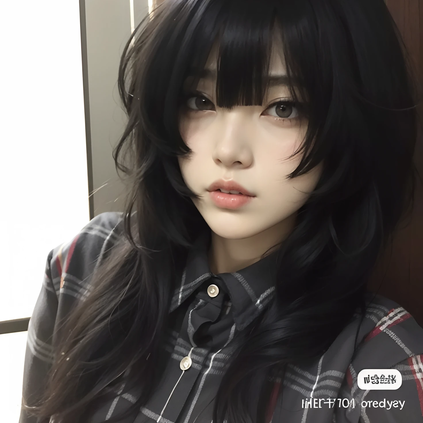 um close up de uma pessoa com cabelos longos e uma camisa xadrez, Ulzzang, Ela tem cabelo preto com franja, Jinyoung Canela, com franja, preto hime corte cabelo, com franja completa, Sui Ishida com cabelo preto, O corte Hime, cabelo arrumado com franja, cruel korean goth girl, franja fofa, cabelo comprido com franja completa, cabelos longos com franja