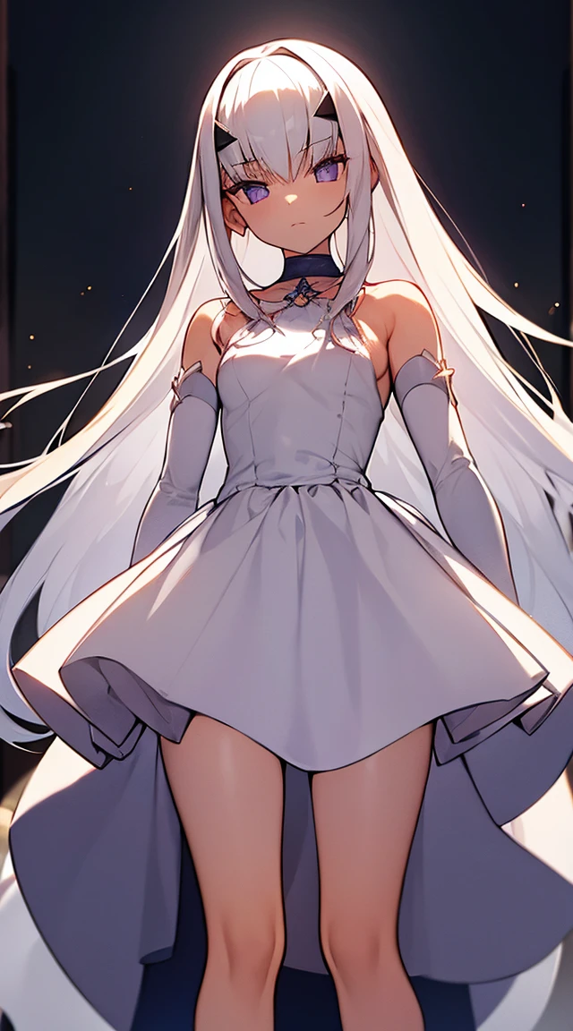 White-haired woman,Beautiful purple eyes,White silk dress,Beautiful dress, It covers all vital organs except the face............, Wear a knee-length white dress.............,The arm does not reach the top of the hip.............,The arms are small..........., But the ligaments are very large.............,Soft hands,at night,,turned sideways..,realistic fingers,tiny,With thumb,5 fingers per hand,There are two arms.