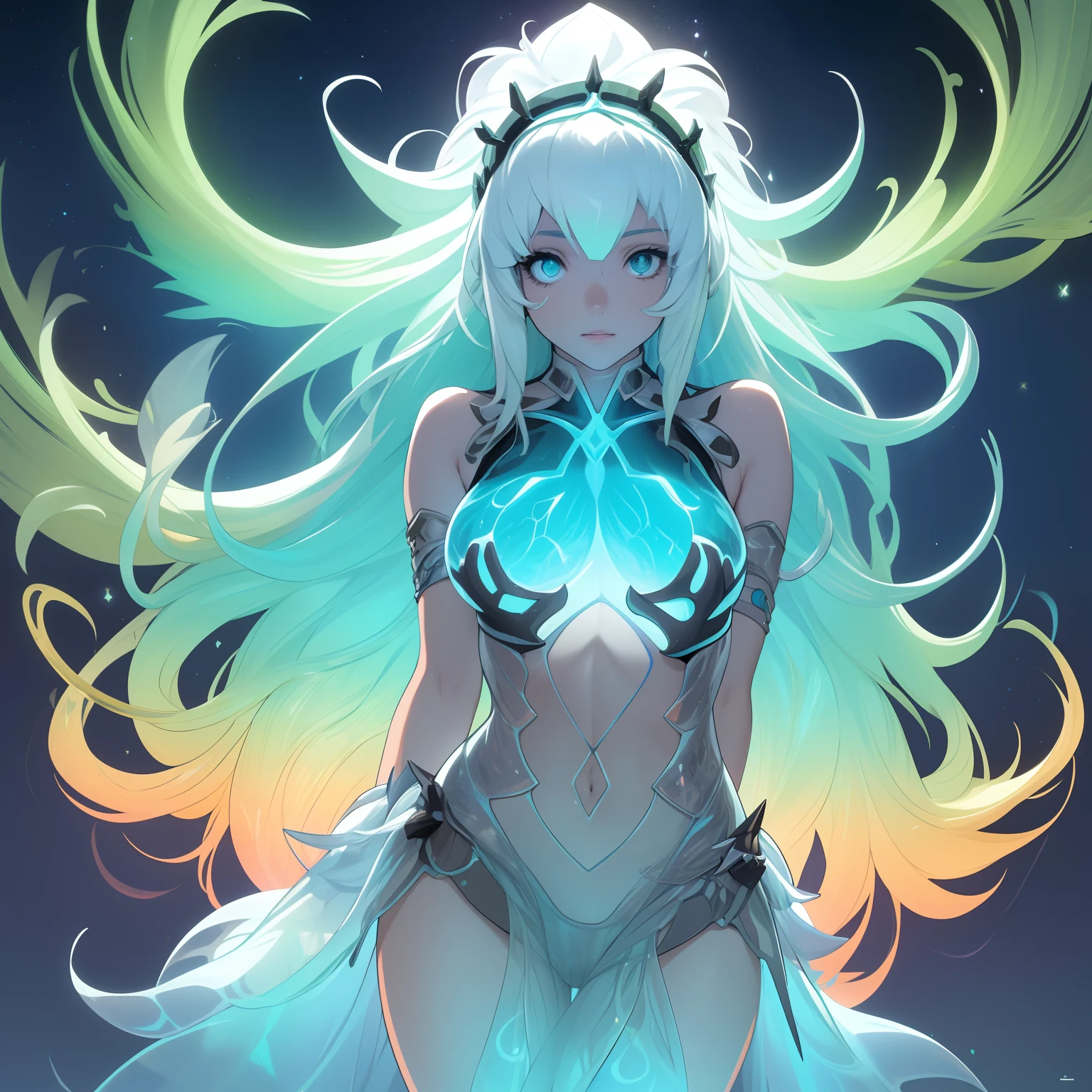 desenho de uma mulher jovem bonito, long flowing hair, corpo brilhante bioluminescente transparente, em um fundo escuro profundo, Glassmorphisom, 32k por AiLove, Misterioso