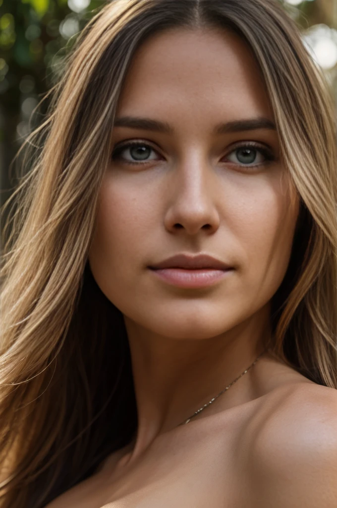 half body portrait photo of a beautiful 25 years european woman, endless long (extra long wavy blonde hair), [[[[chest]]]] [[[[neck]]] [shoulders]]]]], Award - winning photograph, Masterpiece, 8k, ultra high res, hyper detailed, beautiful woman, perfect face, rule of thirds, Perfect eyes, Perfect iris, perfect pupils, (perfectly round iris:1.3), Perfect lips, Perfect teeth, dimples, perfect nose, highly detailed hair, ((detailed face)), ((detailed facial features)), (finely detailed skin), tanned skin, realistic skin texture, extreme skin details, (pores:0.1),(sweaty:0.8), insane details, intricate details, amazing fine detail, photorealistic, photograph, realistic, realism, photorealism, rich colors, lifelike texture, neutral colors, god rays, Soft front light,cinematic lighting, dramatic lighting,dappled light on face, backlight on hair, sharp focus, wide angle, film grain, dslr, raw photo, photographed on Nikon