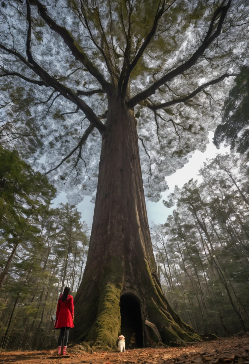 A really tall tree with one hole in the base as a entrance, one girl wearing a red scarf with her dog looking at the tree, the tree is very tall and wavy, (ant view), from below, camera looking up, wide angle lens, dynamic angle, ruins, (anime of wit studio)