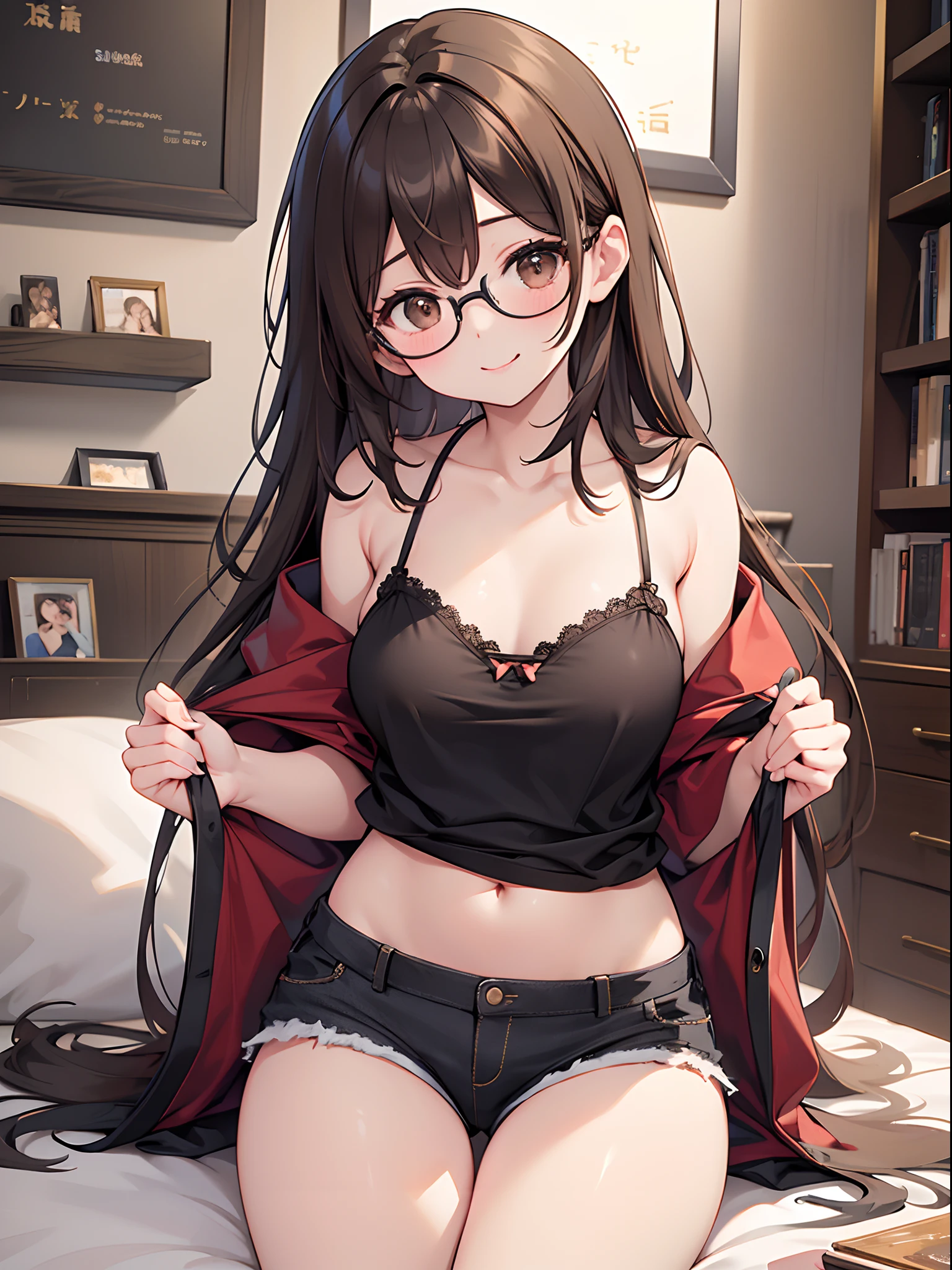 Highest quality, masterpiece, High resolution, (alone),  {full moon_Fleet Collection:1.15}, Long Hair, Brown Hair, Glasses, brown_eye, red-framed_Glasses, semi-rimless_Glasses, Crescent Moon, black_Seraphim, blush, Under Rim_Glasses, One girl, Closed_eye, Open_mouth, School_uniform, (indoor, office, living room), , blackスカート, smile, (Petite),((nsfw)), Flat Chest, (panties), (Junior Bra), 