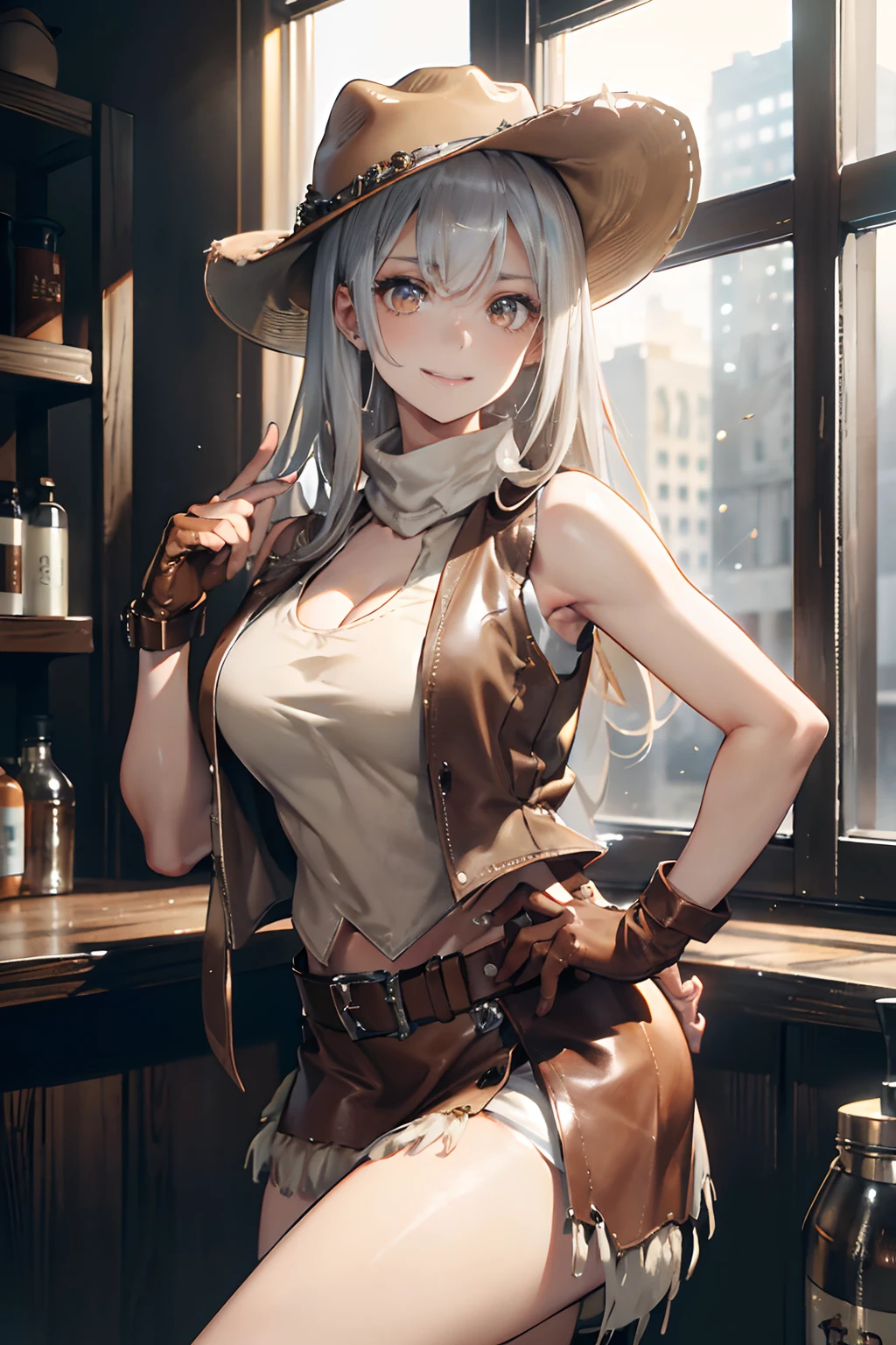 a 20 yo woman、a blond、Big smile、turned around、(hi-top fade:1.3)、dark themed、Muted Tones、Subdued Color、highly contrast、(natural skin textures、Hyper-Realism、Soft light、sharp)、<Quality Improvement Prompts>
<Character appearance、Background and other prompts>
BREAK (beige and brown theme:1.4), (ten-gallon hat:1.5), (wear a (open beige leather vest) over a white tank top:1.5), ((sleeveless, bare shoulders, cleavage):1.3), (beige mini-skirt with fringe:1.4),
BREAK (white inner:1.2), (checkered-pattern cowboy-scarf:1.2), (silver oval belt-buckle:1.3), (western-boots with spur:1.1), (holster on belt:1.3), (brown leather gloves:1.2),
<expressioness、illuminating、Other Prompts>,The tattoo,